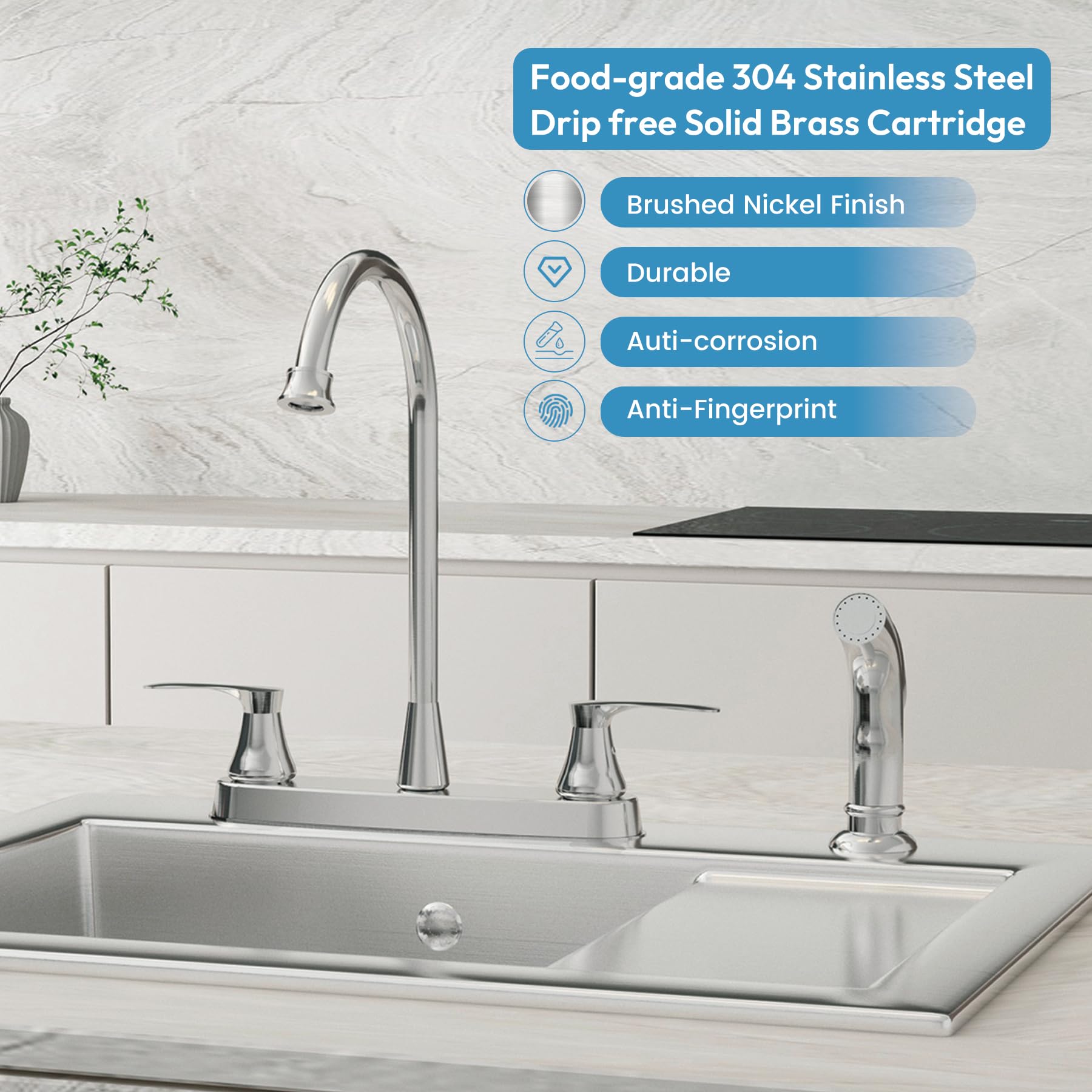 Besdor Kitchen Faucet With Side Sprayer, 2 Handle Sink Faucet, 3 Or 4 Hole Kitchen Faucets With Sprayer, 304 Stainless Steel, Brushed Nickel