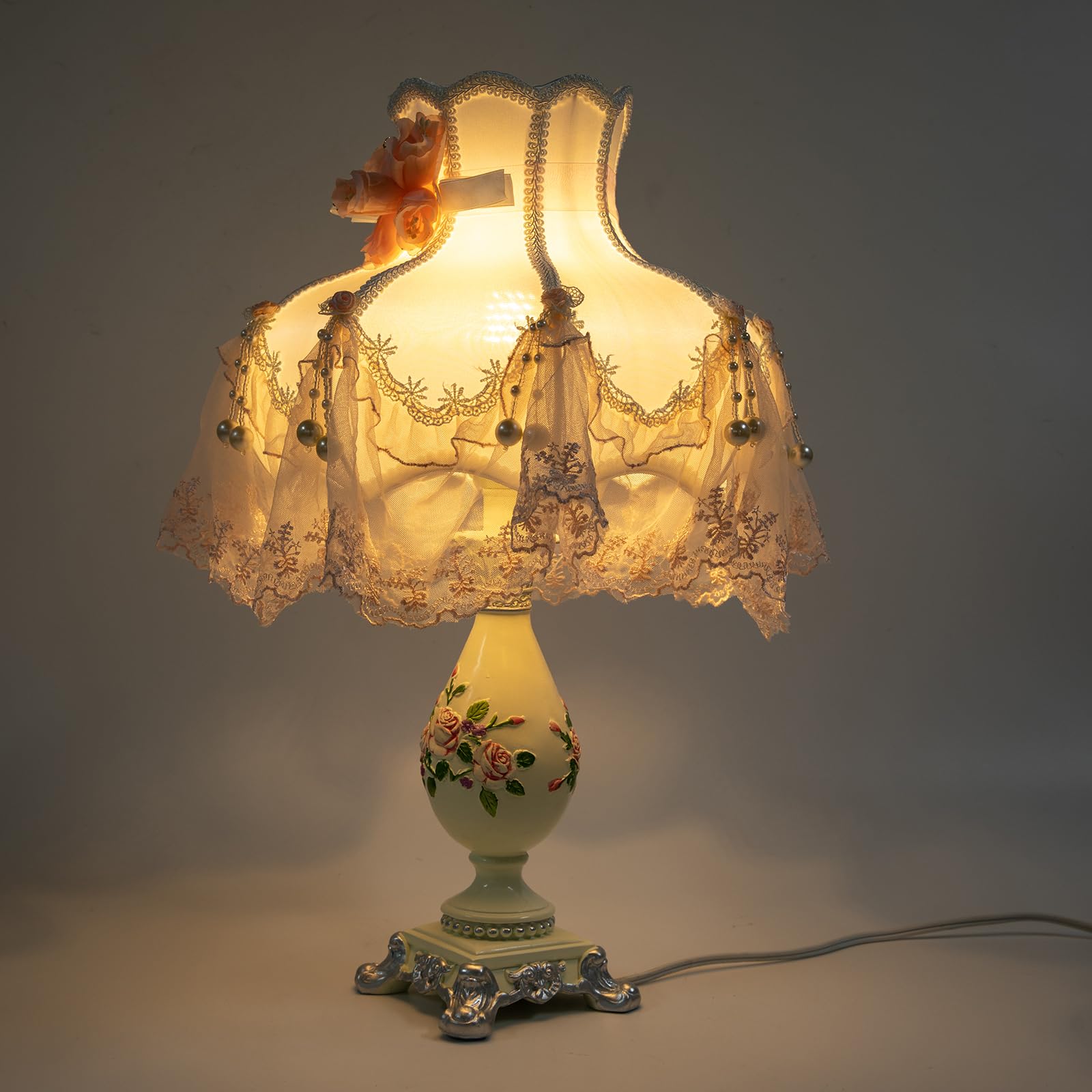 Tfcfl Victorian Lace Fancy Table Lamp, Handmade Fabric Bedside Lamp Light European Style Nightstand Lamp Desk Lamp Antique Painted Resin Base For Bedroom Living Room Office