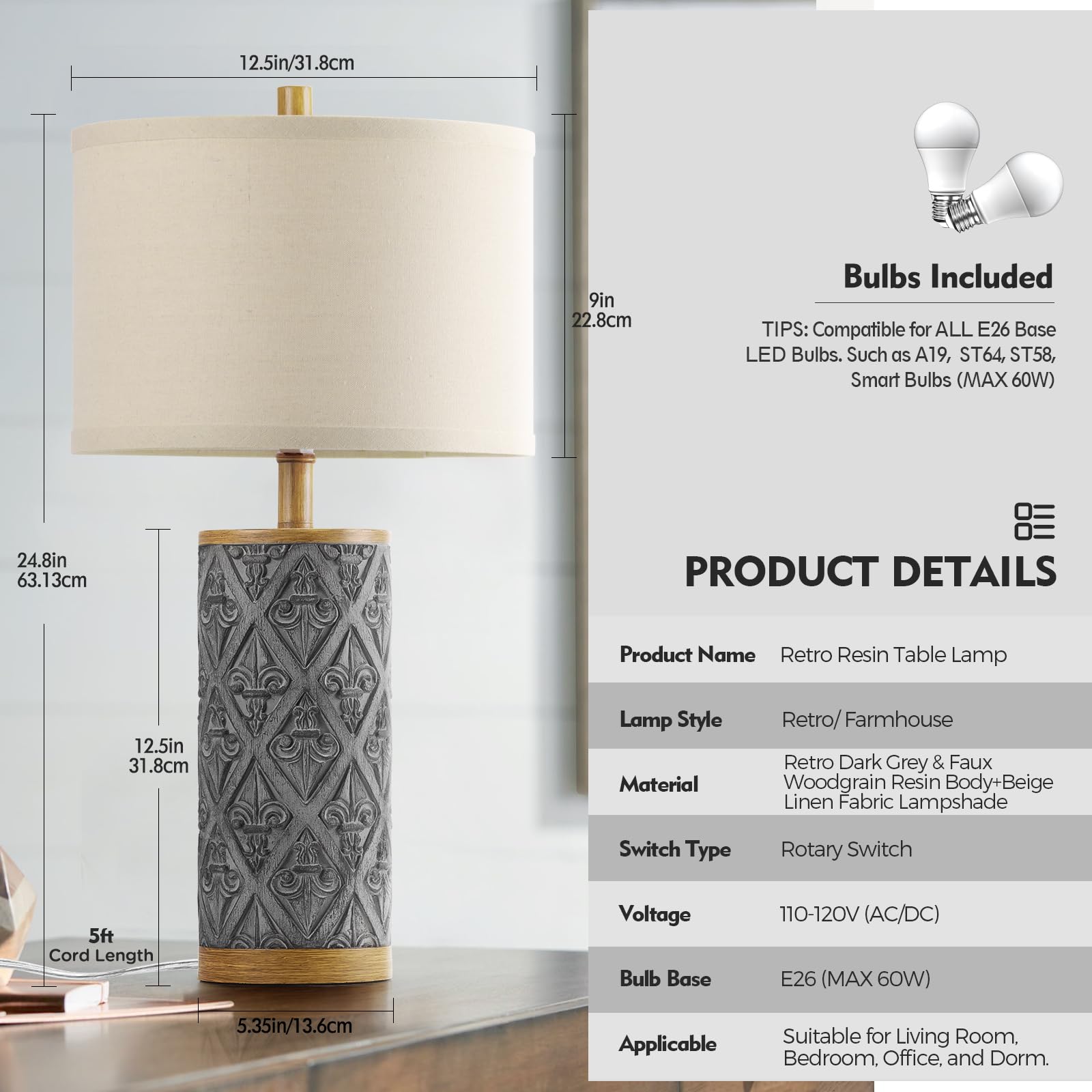 Spclsim 24.8" Farmhouse Table Lamps For Bedrooms Set Of 2, End Table Lamps For Living Room, Rustic Traditional Bedside Nightstand Lamps With Dark-Grey Resin Body Beige Shade, Bulbs Included