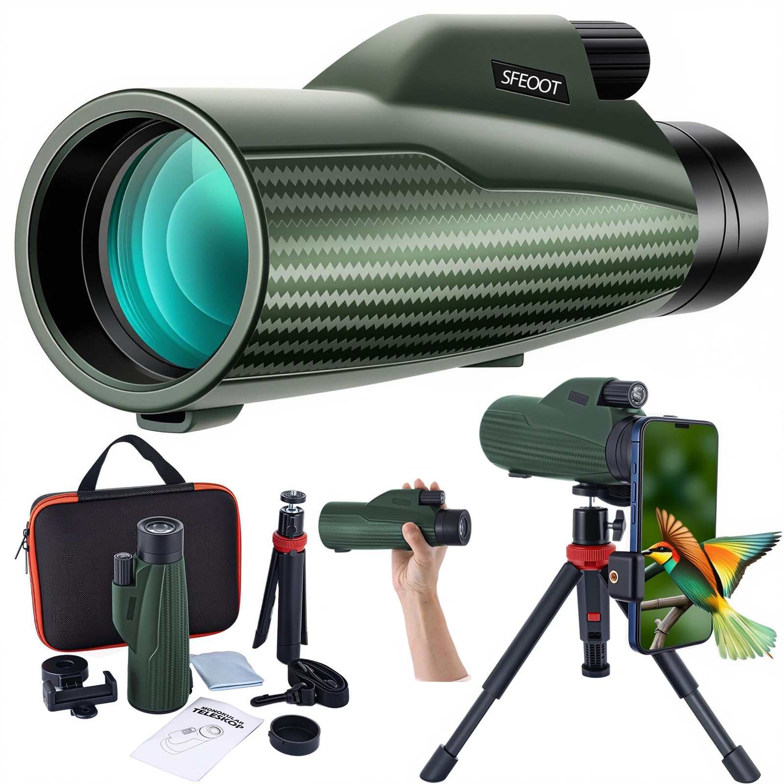 Sfeoot Monocular Telescope 12X56 High Power With Smartphone Adapter Tripod,Larger Vision Monoculars For Adults With Bak4 Prism & Fmc Lens, Suitable For Bird Watching Hunting Hiking Camping Wildlife-Green