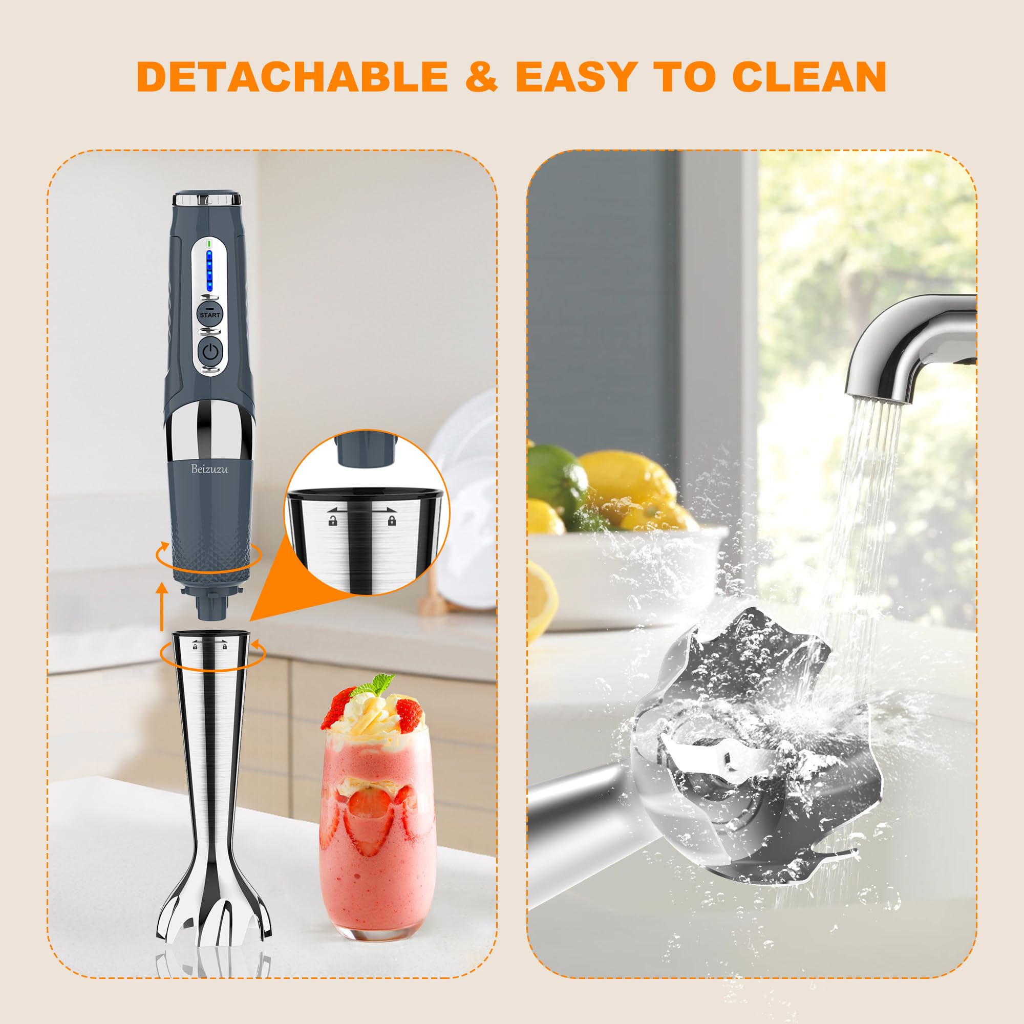 Beizuzu Cordless Immersion Blender: 4-In-1 Rechargeable Cordless Hand Blender, 21-Speed & 3-Angle Adjustable With Chopper, Beaker, Whisk, Beater For Milkshakes Smoothies Soup Baby Food (Grey)