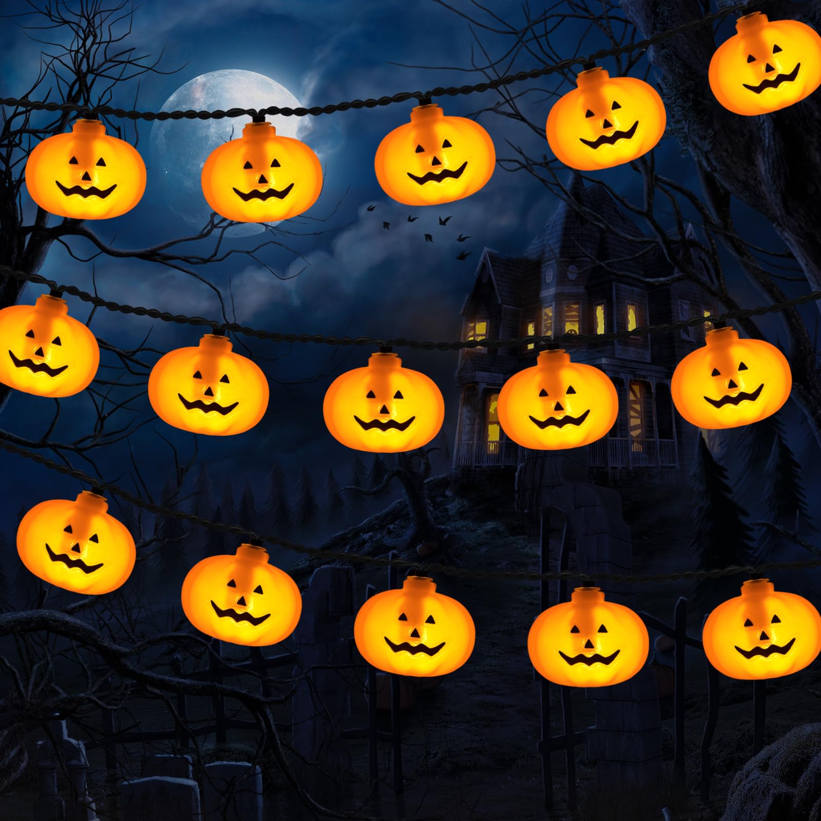 X-Giftkey Solar Pumpkin Lights For Halloween Decorations Outdoor,16Ft 30Led 3D Jack-O-Lantern With Unique Halloween Party  Decor,Solar Halloween String Lights For Yard Ghost Party Decor Orange