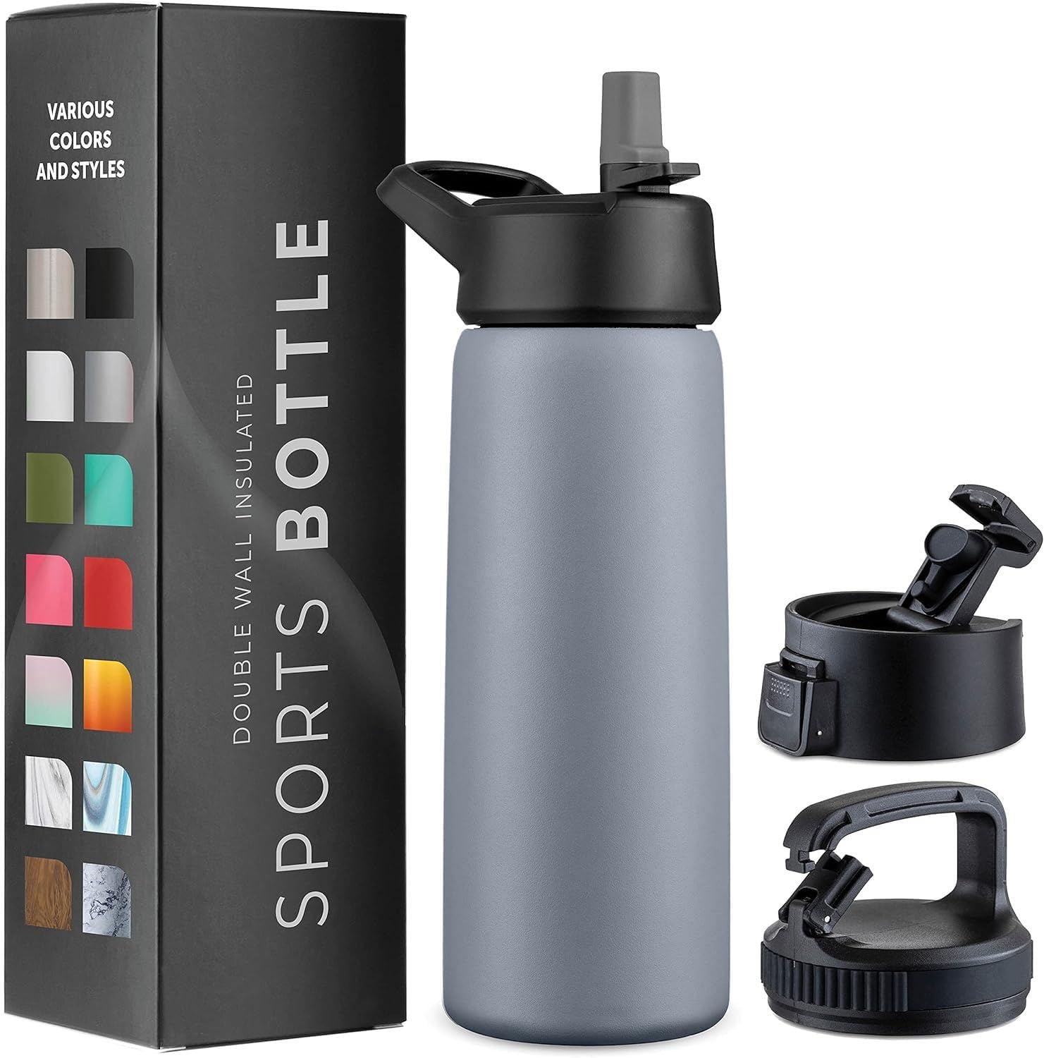25 Oz Triple Walled, Insulated Water Bottles With Straw - Stainless Steel Metal Bottle W/ 3 Leak