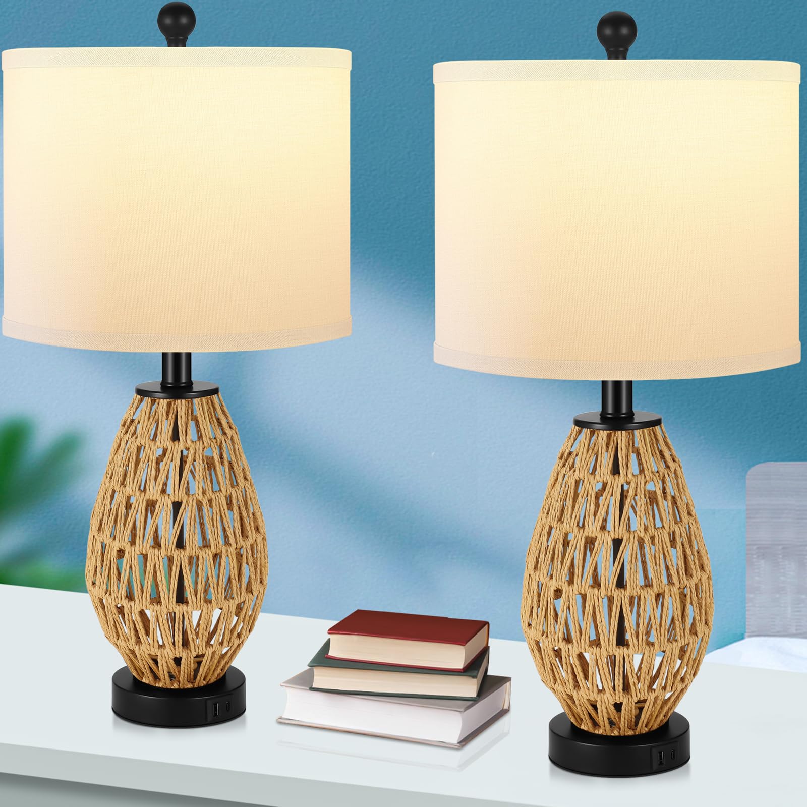 Tpamswo Coastal Table Lamps Set Of 2, Retro Rattan Woven 24" Bedside Lamp, For Bedroom Living Room Home Nightstand Table Lamp(With Usb C+A 5V 2.1A Charging Ports)