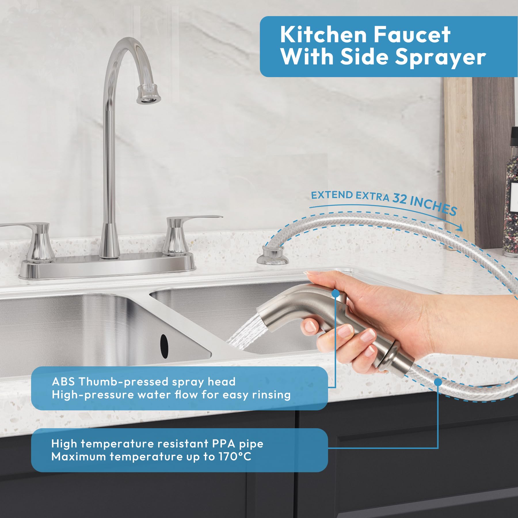 Besdor Kitchen Faucet With Side Sprayer, 2 Handle Sink Faucet, 3 Or 4 Hole Kitchen Faucets With Sprayer, 304 Stainless Steel, Brushed Nickel