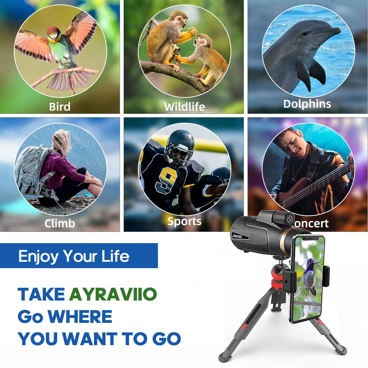 Ayraviio 12X60 Monocular Telescope With Smartphone Holder & Sturdy Tripod, High Powered Smc & Bak4 Scope, Birthday  For Men Dad Him Husband Teen, Outdoors Survival Hiking Gear, White Elephant