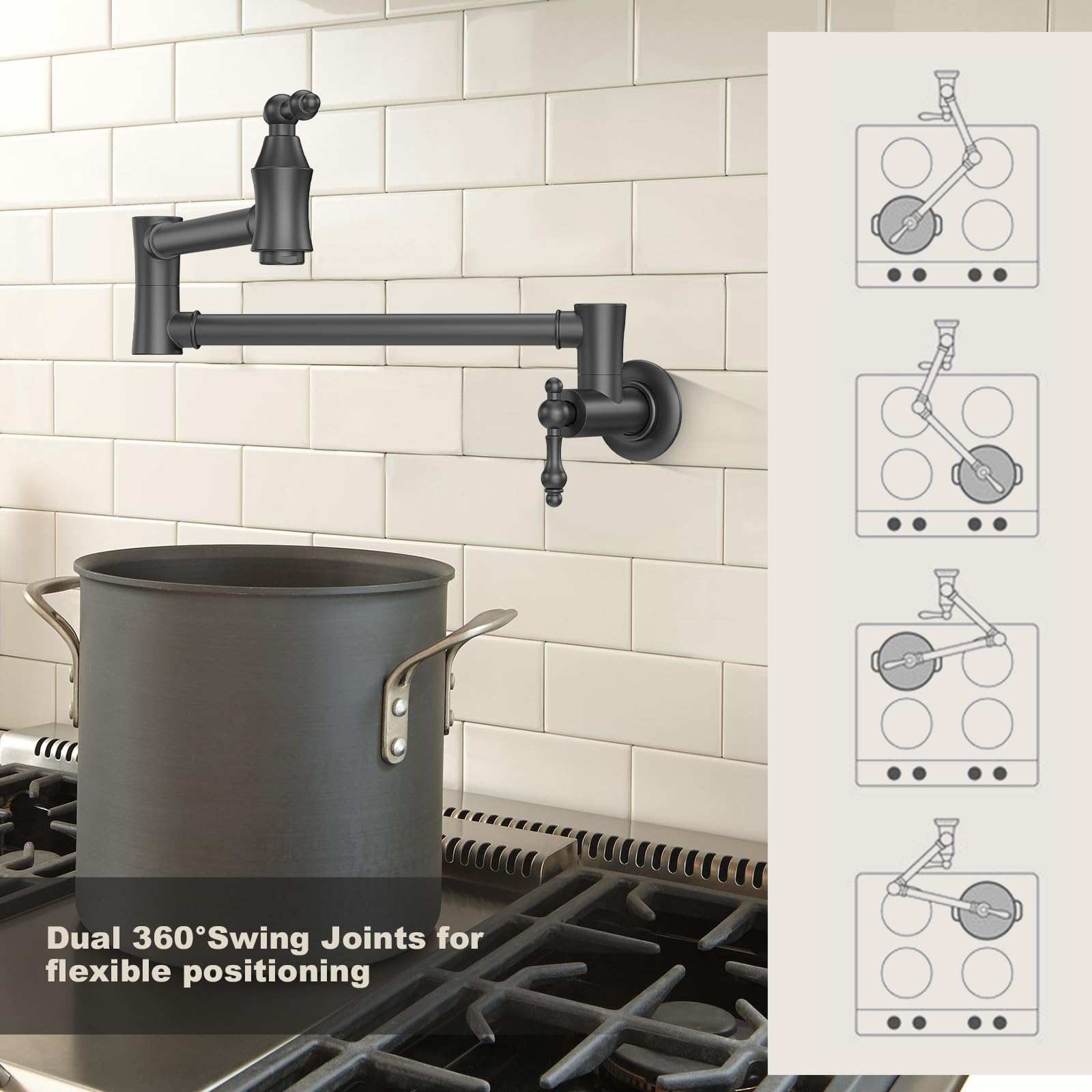 Arcora Brass Pot Filler Faucet Black: Wall Mount Commercial Pot Filler With Double Joint Swing Arms - Traditional 2 Handle Kitchen Pot Faucet Over Stove