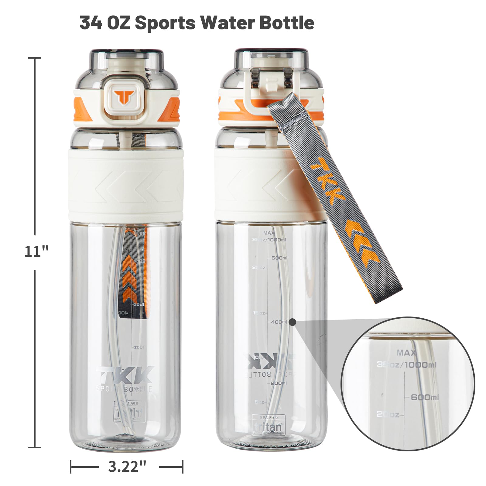 Tkk Sports Water Bottles With Removable Straw 34 Oz Leak-Proof Flip Top Lid Tritan Bottles