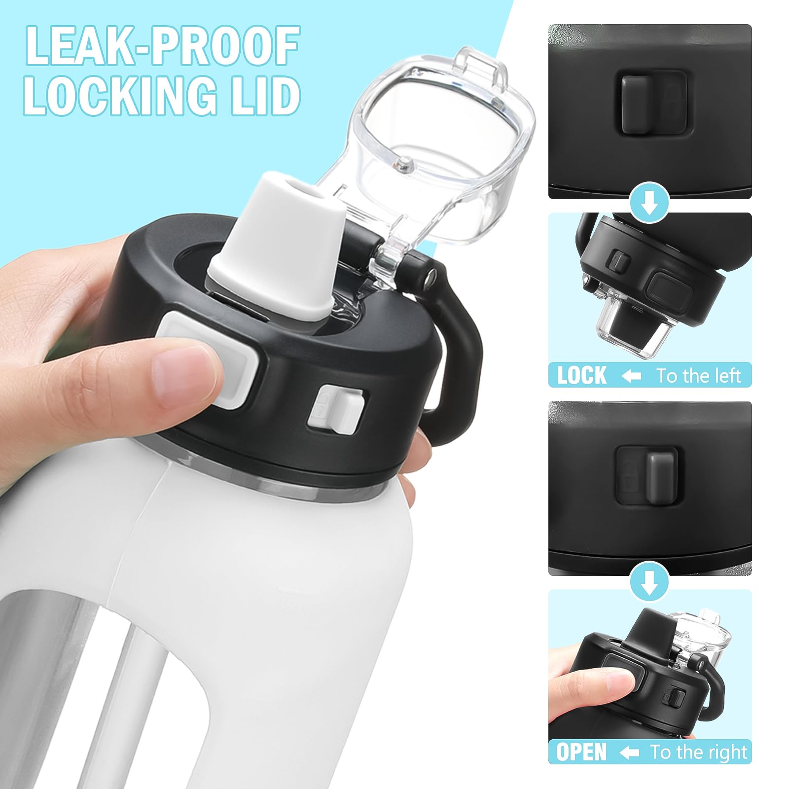 Kodrine Water Bottle With Straw And Carry Handle, Glass Water Bottle 24 Oz Leak Proof Locking Lid