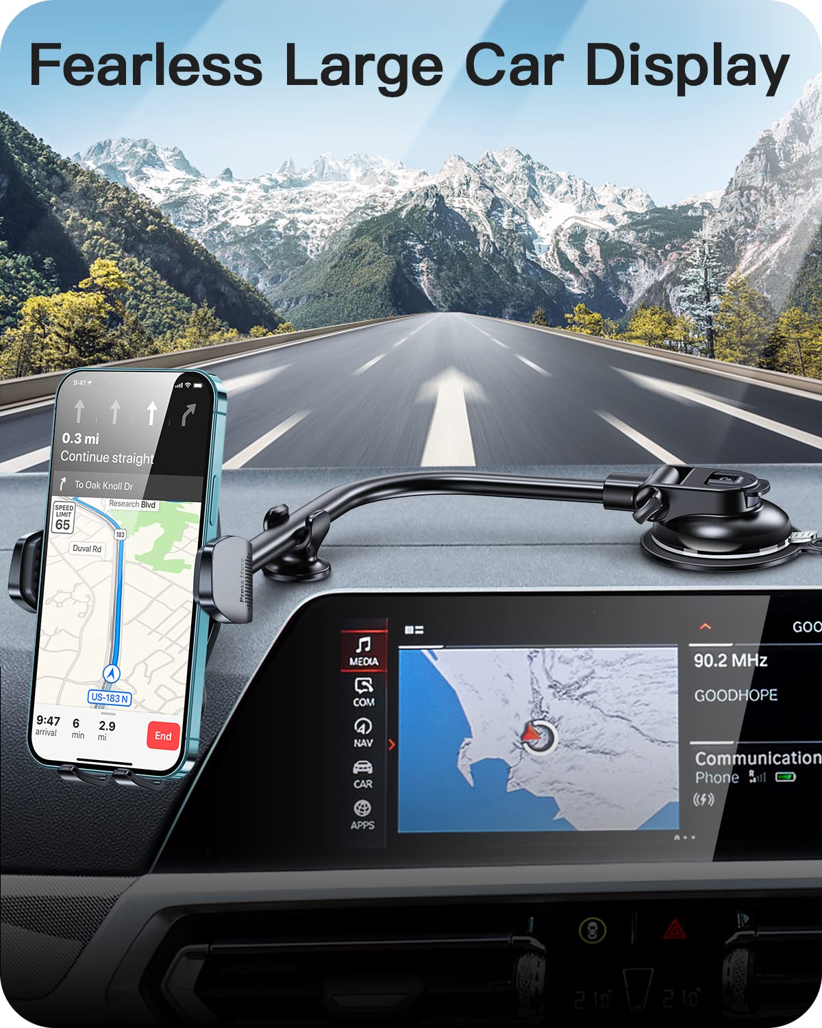 Apps2Car Car Phone Holder Mount Gooseneck Dashboard Windshield Suction Cup Phone Mount Anti-Shake Stabilizer Phone Car Cradle Compatible With All Cellphones & Thick Phone Case-H3S Carbon Fiber Style