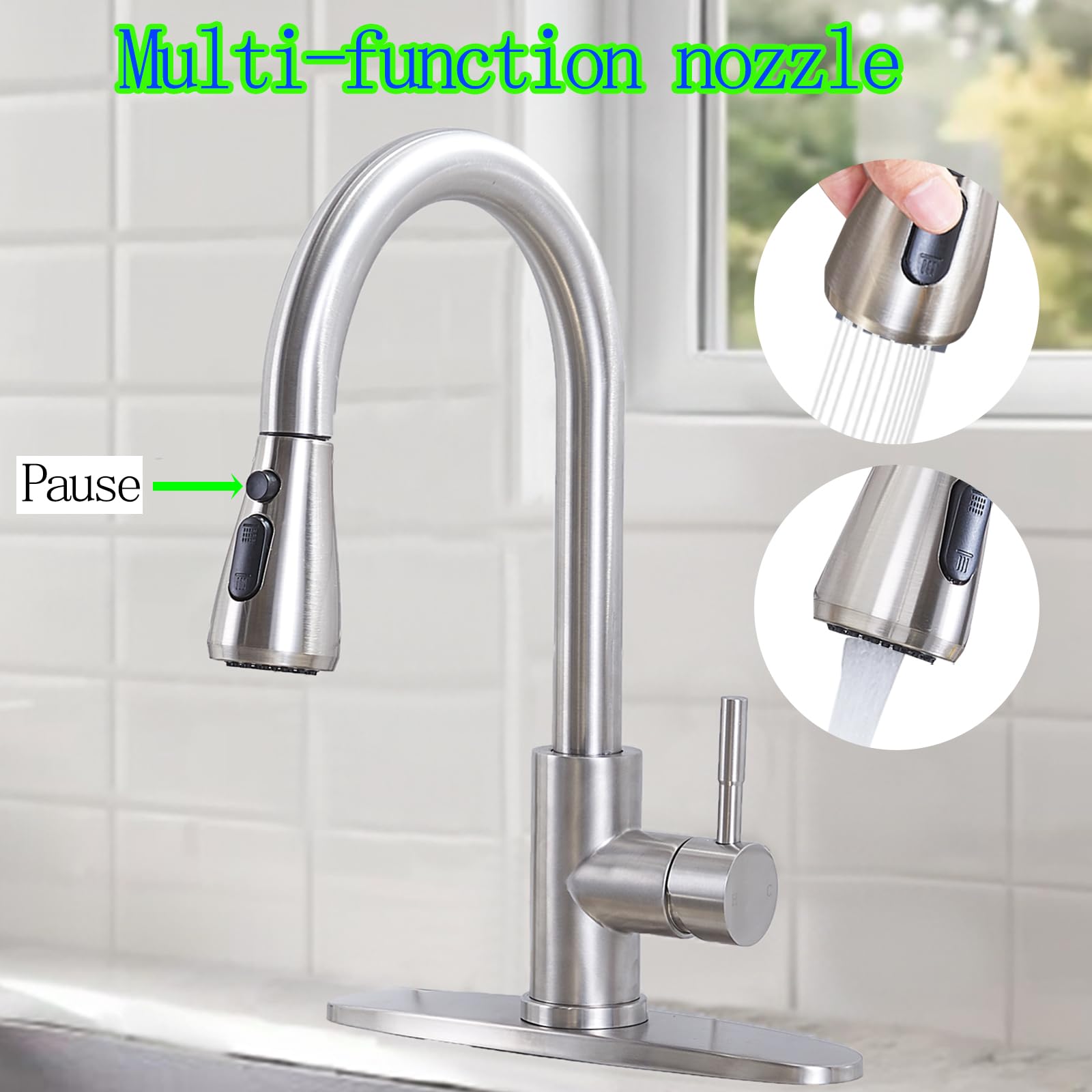 Hotis Home Hotis Kitchen Faucet With Pull Down Sprayer, High Arc Commercial Brushed Nickel Kitchen Sink Faucets, Small Rv Stainless Steel Single Handle Pull Out Faucet For Kitchen Sink With Deck Plate