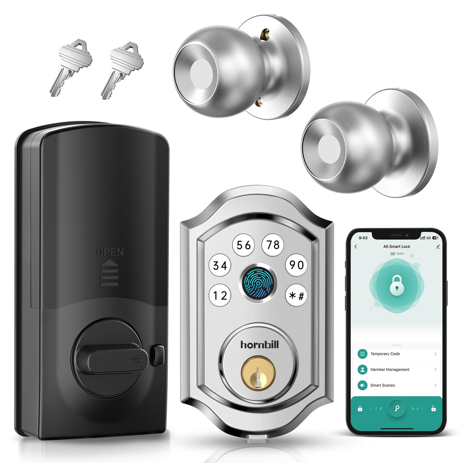 Hornbill Smart Deadbolt Door Lock Set: Silver Keyless Entry Door Knobs With Fingerprint Electronic Digital Bluetooth Door Lock With Keypad Code App Alexa Auto Lock For House Apartment