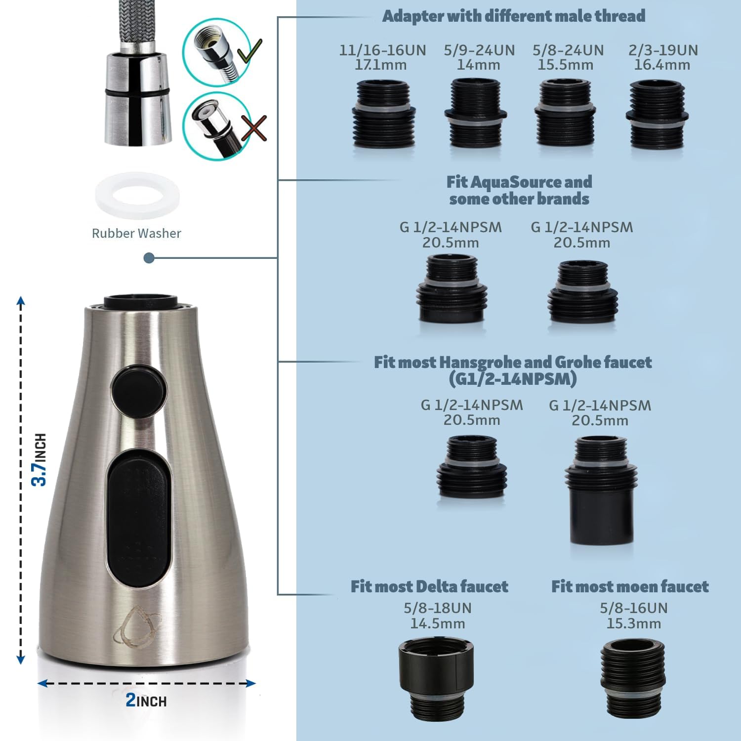 Ecokitchen5Starsllc Kitchen Faucet Head Replacement – Pull-Down/Pull-Out Sprayer For Moen, Delta & American Standard  3-Mode Sink Faucet Spray Head With 9 Adapters, Brushed Nickel, Kitchen Sink Sprayer Replacement
