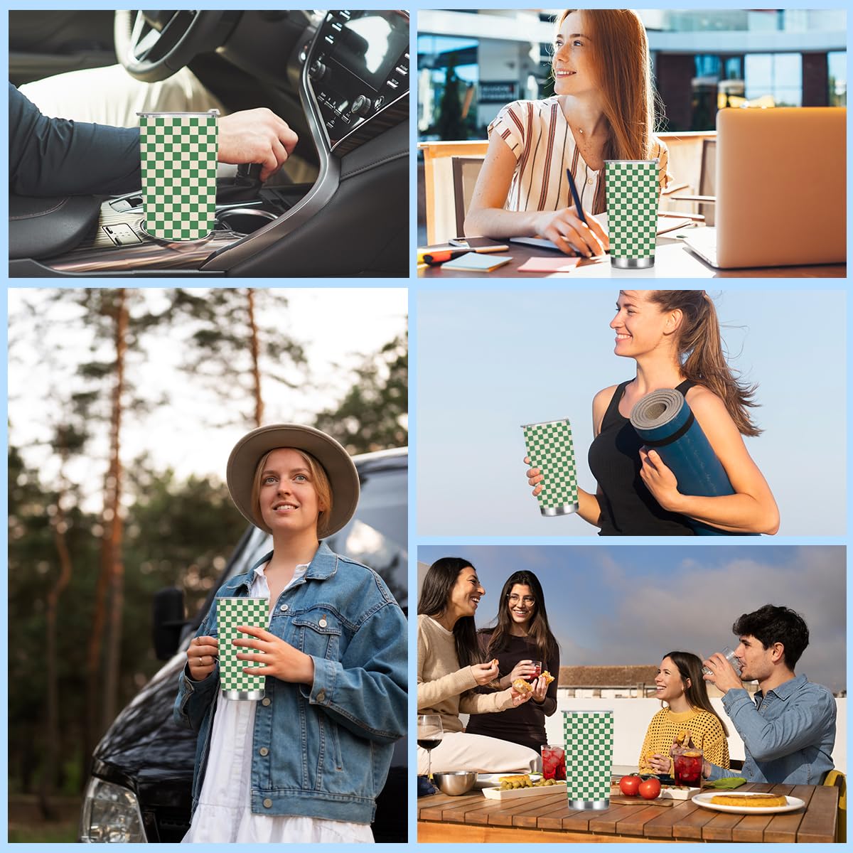 Vintage Green Checkered Tumbler Plaid Coffee Mug Insulated Stainless Steel Thermal Cup With Lid