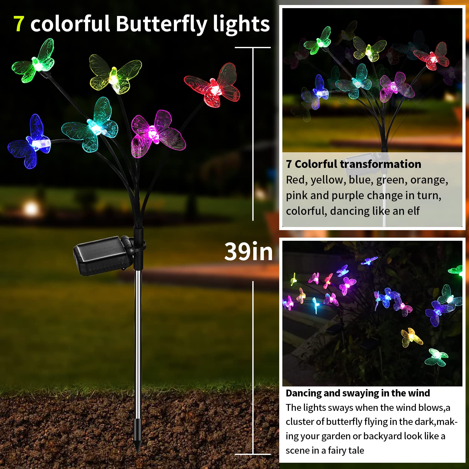 Zrjnled Solar Outdoor Lights Waterproof, Garden Butterfly Lights 7 Color Changing, Sway By Wind, For Patio, Flower Beds, Garden, Backyard, Fence, Walkway, Party, Wedding, Xmas (Colour, 2 Pack Butterfly)