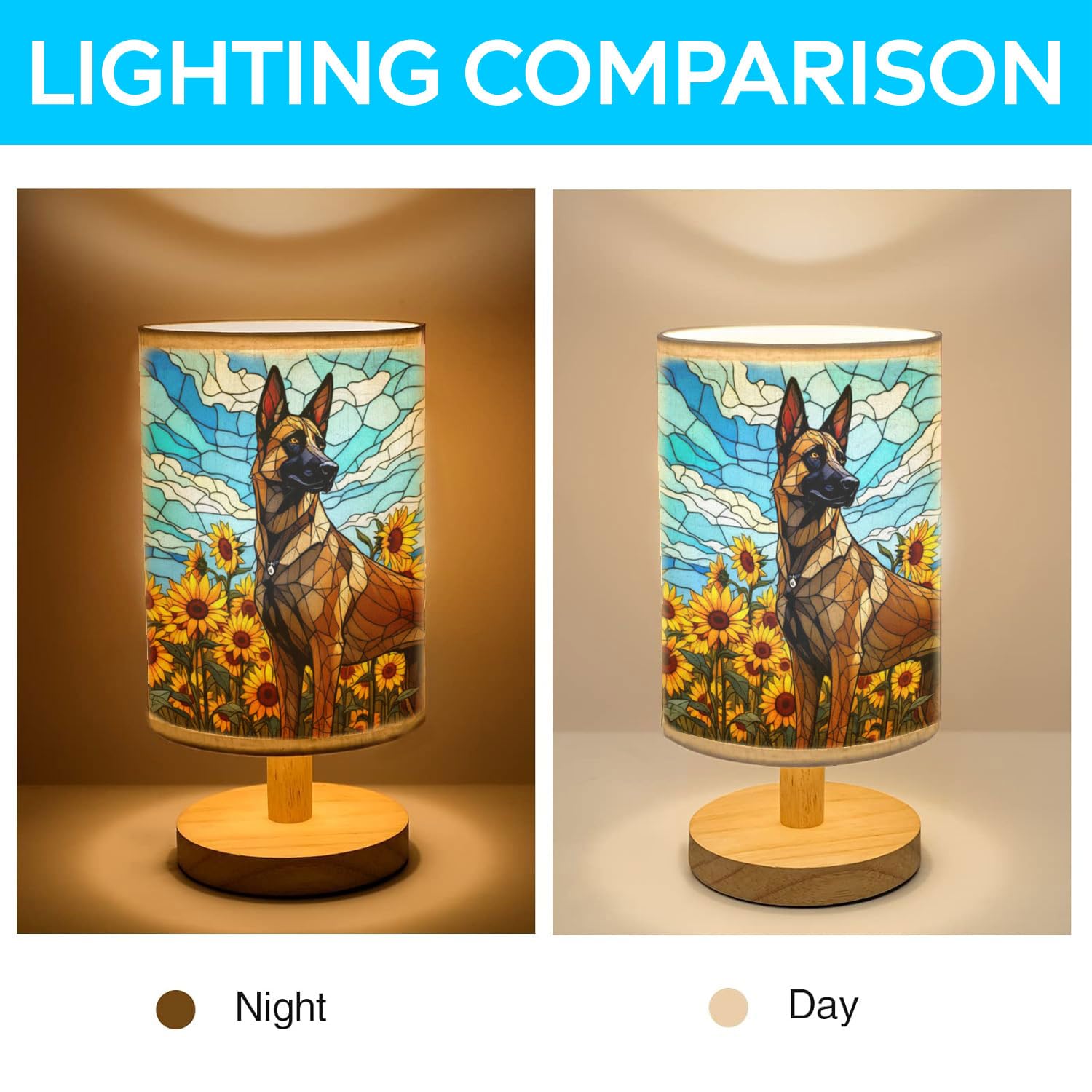 44Memory Belgian Malinois Table Lamp Led 3-Color Pressed Bedside, Dog Shade Lamp With Wood Base For Bedroom Living Room Desk Office