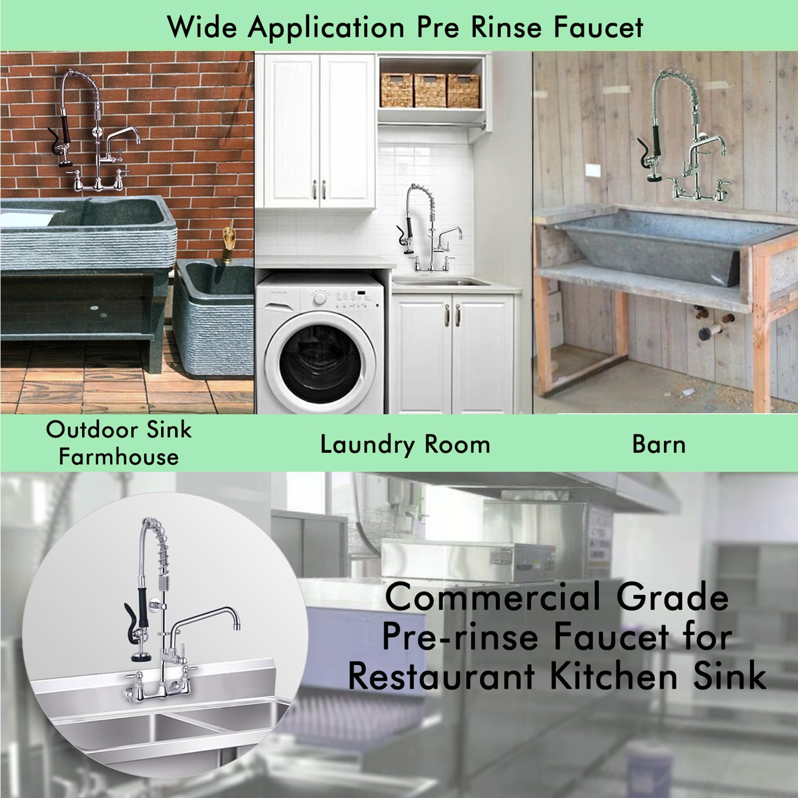 Golrean Commercial Faucet With Pre Rinse Sprayer, Wall Mount Kitchen With 12" Add-On Swing Spout 8 Inch Center Commercial Sink Faucet Pull Down Sprayer For Industrial, Restaurant, Sink, Brass, 25" Height