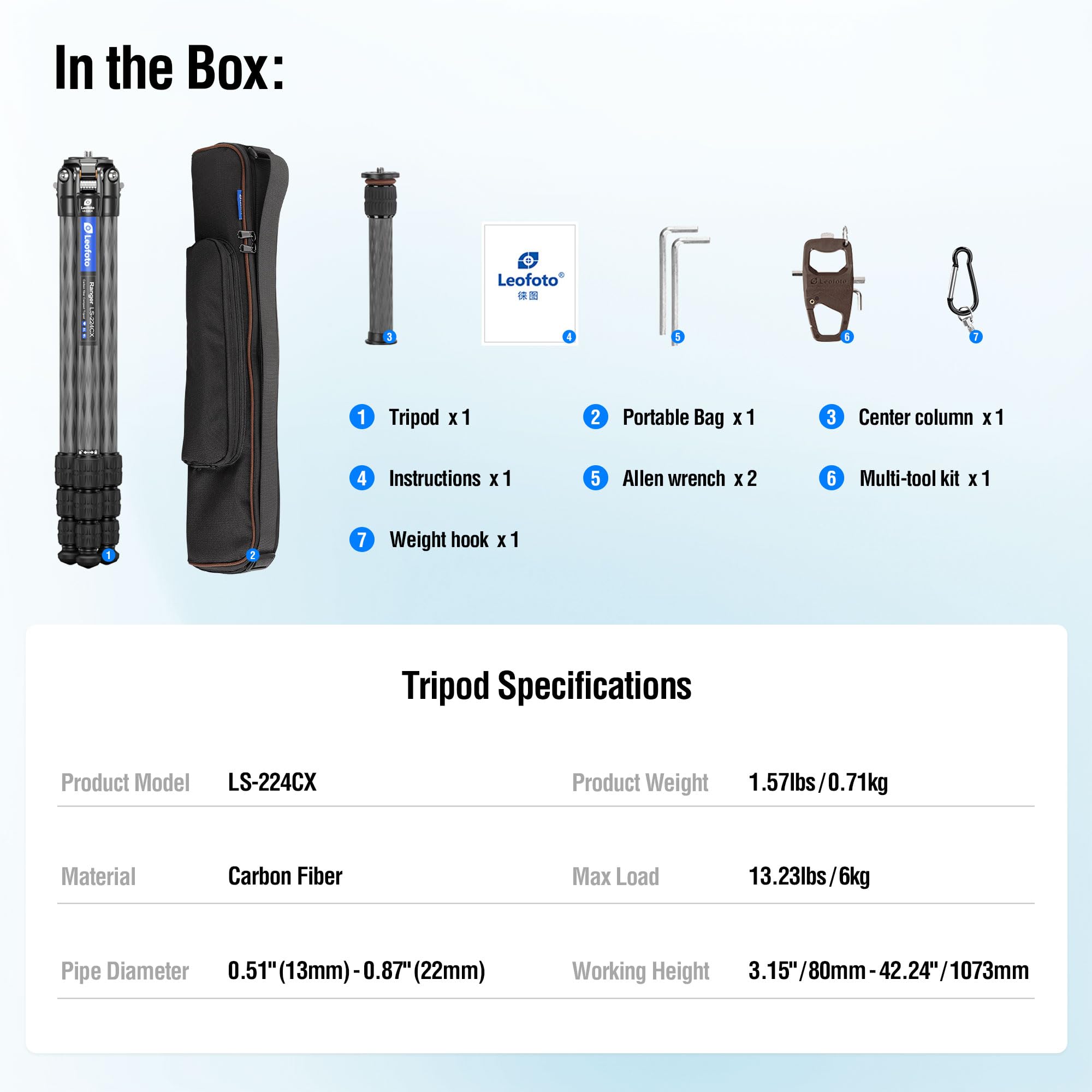 Leofoto 42.2" Carbon Fiber Travel Tripod With 4-Section Leg, Professional Shoot Tripod For Travel/Video/Live Streaming, Max Load 13.23Lb With 1/4"-20 Threaded Accessory Socket (Ls-224Cx)