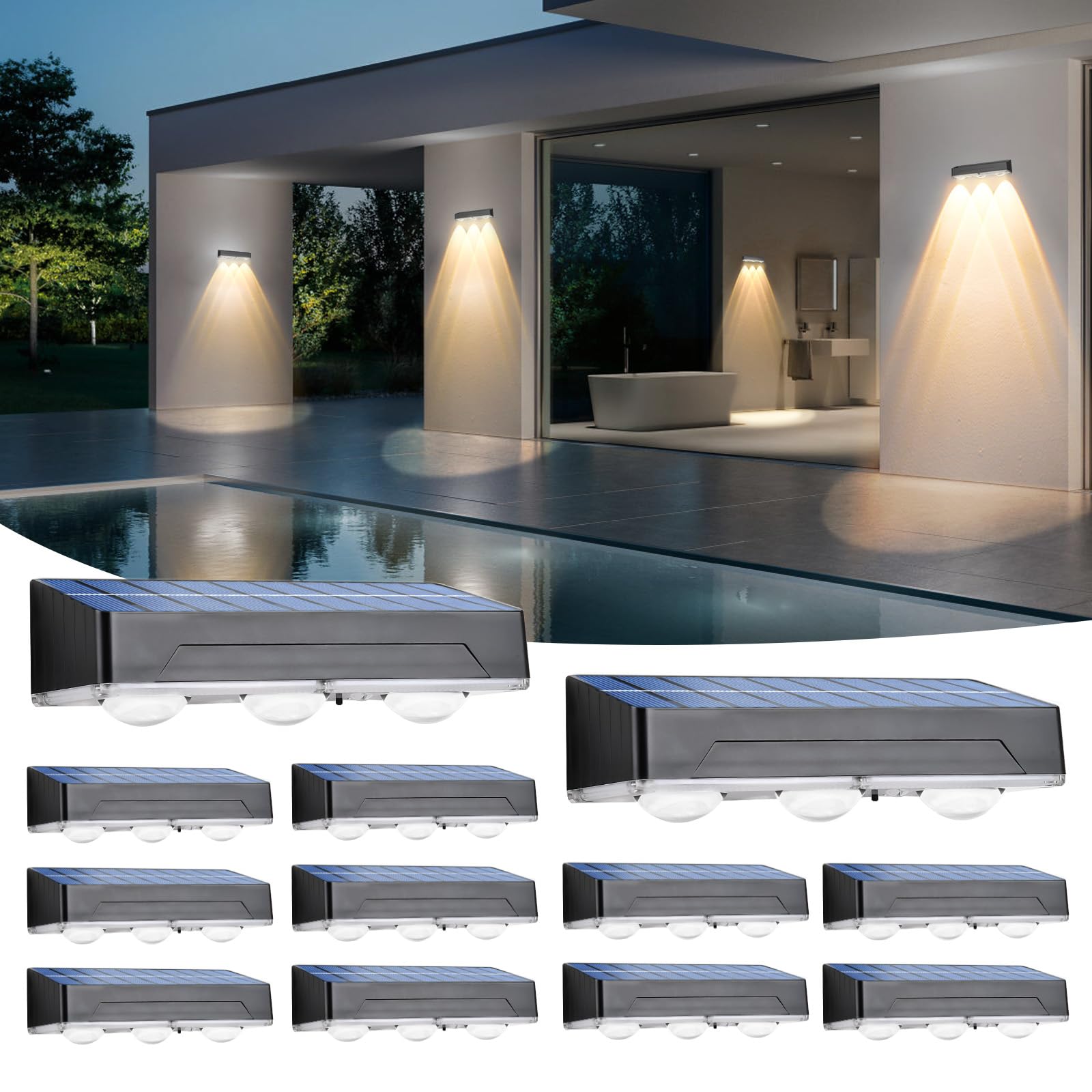 Indarun Solar Fence Lights 12Pk, Rgb & Warm White & Cool White & 12 Modes, Bright Lens Led Deck Step Fence Light Solar Powered, Fence Solar Lights Outdoor Waterproof For Backyard/Wall/Step/Patio/Pool/Railing