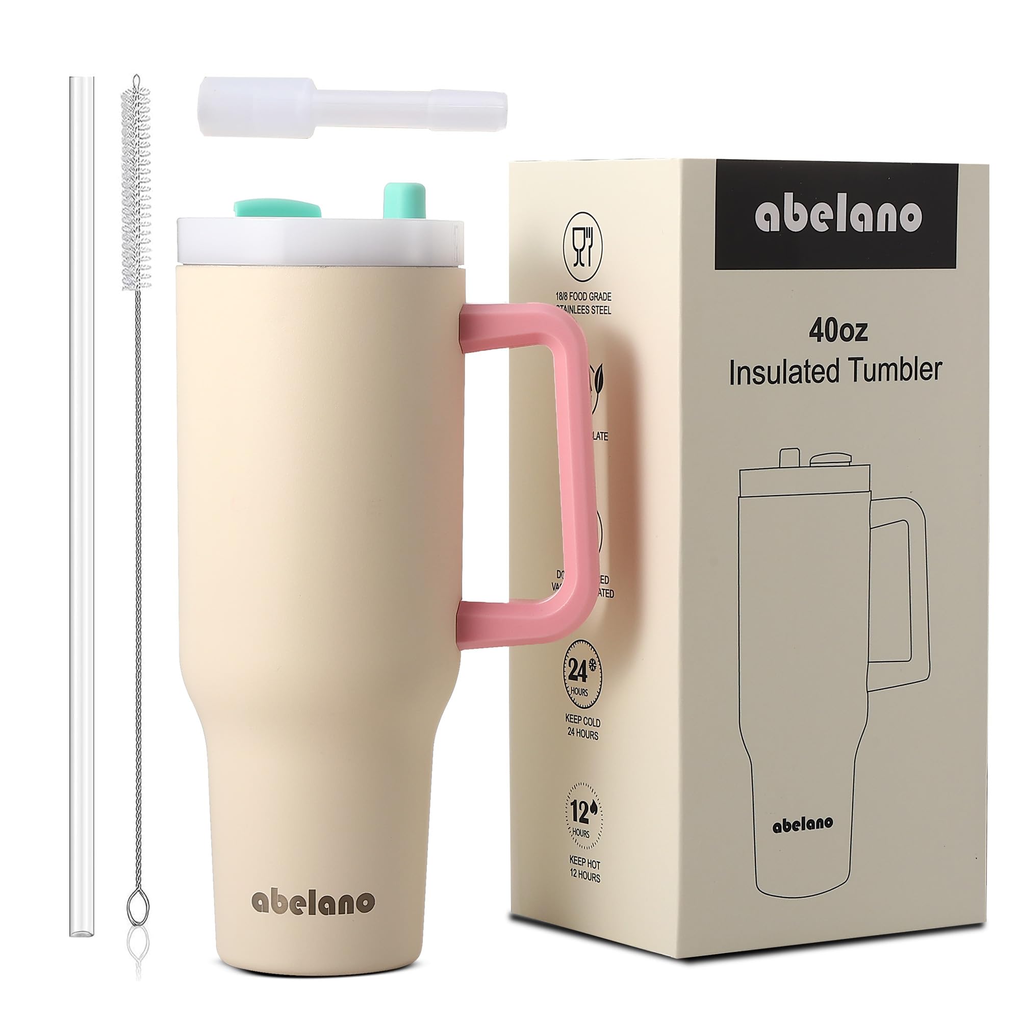 40 Oz Insulated Tumbler With Handle And Straw, Double Wall Stainless Steel Travel Mug