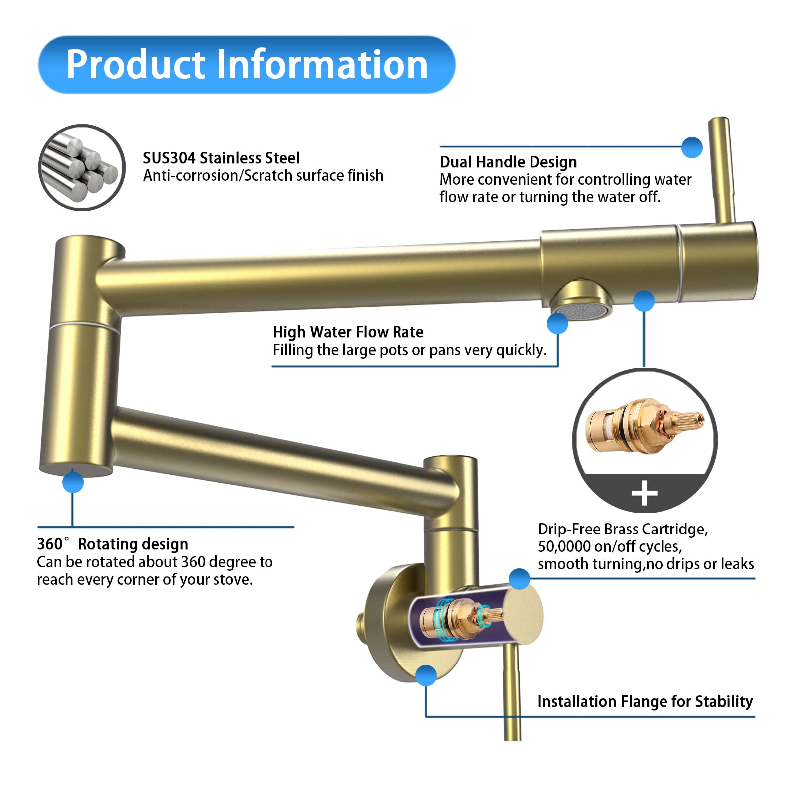 Gowin Gold Pot Filler Wall Mount Faucet, Brushed Gold, 1.8Gpm Aerator, 19" Reach, 3-Year Limited