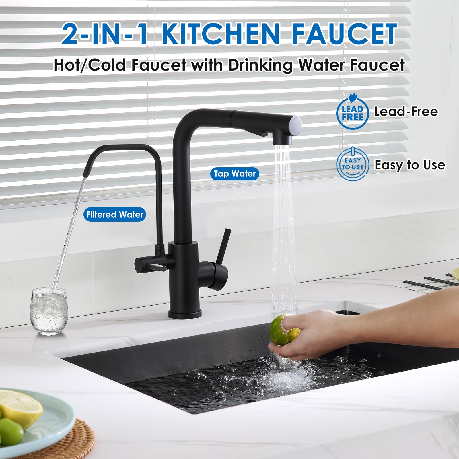 Rovogo Kitchen Faucet With Filtered Drinking Water Spout And Pull Out Sprayer, Dual Handle Single Hole, Stainless Steel, Black