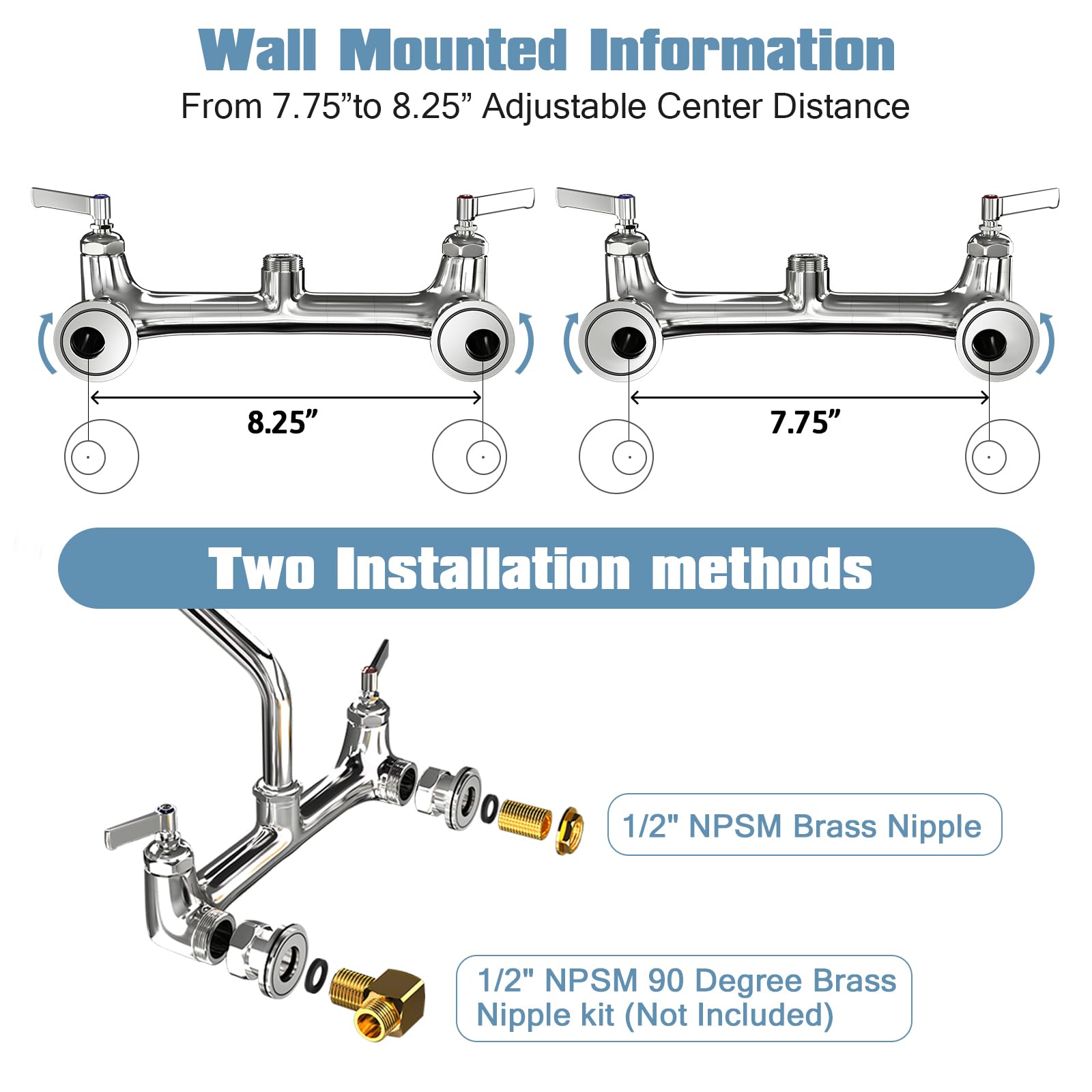 Cwm Wall Mount Kitchen Faucet 8" Center Commercial Faucets With 8 Inch Swivel Spout