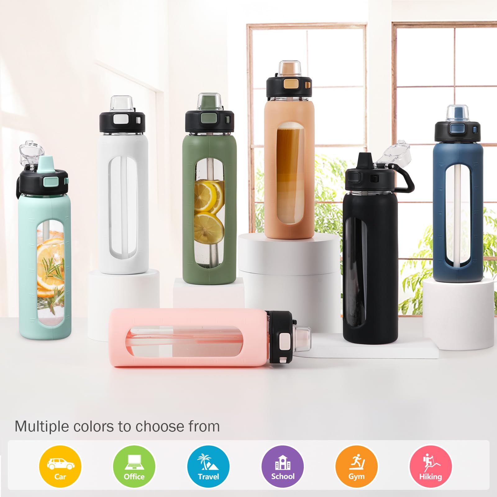 Kodrine Water Bottle With Straw And Carry Handle, Glass Water Bottle 24 Oz Leak Proof Locking Lid