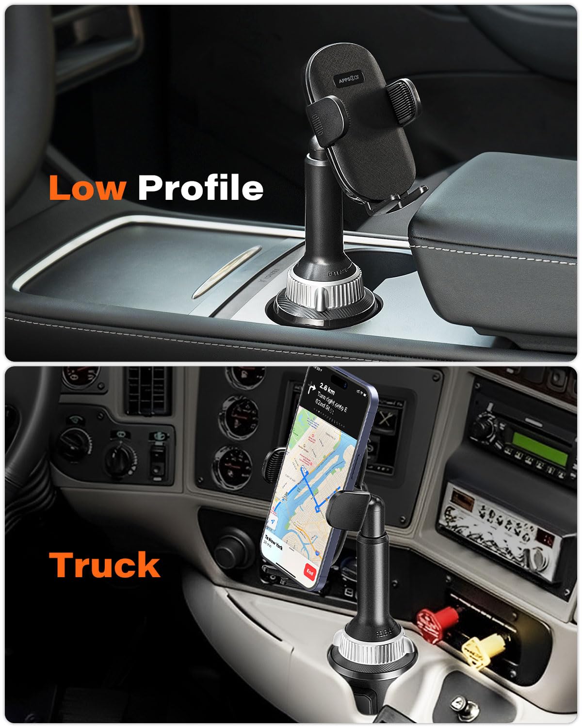 Apps2Car Solid Cup Phone Mount For Car Cup Truck With Quick Extension Long Arm Fast Swivel Adjustable Height 360 Rotatable Low Profile For Iphones