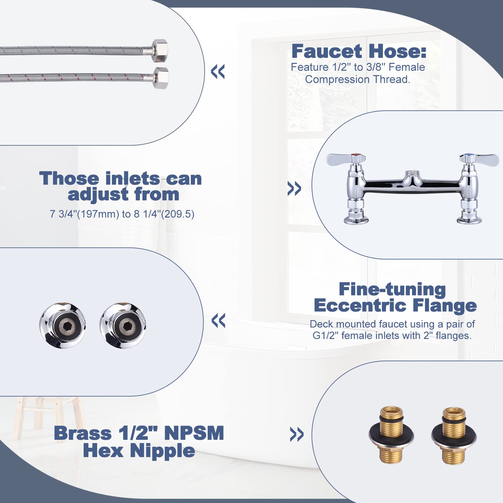 Iviga Commercial Sink Faucet With 8” Swivel Spout & Supply Lines, 8" Center Deck Mount Kitchen Faucet, Dual Handles Brass Utility Sink Faucet For Laundry Room Restaurant Compartment Sink, Polish