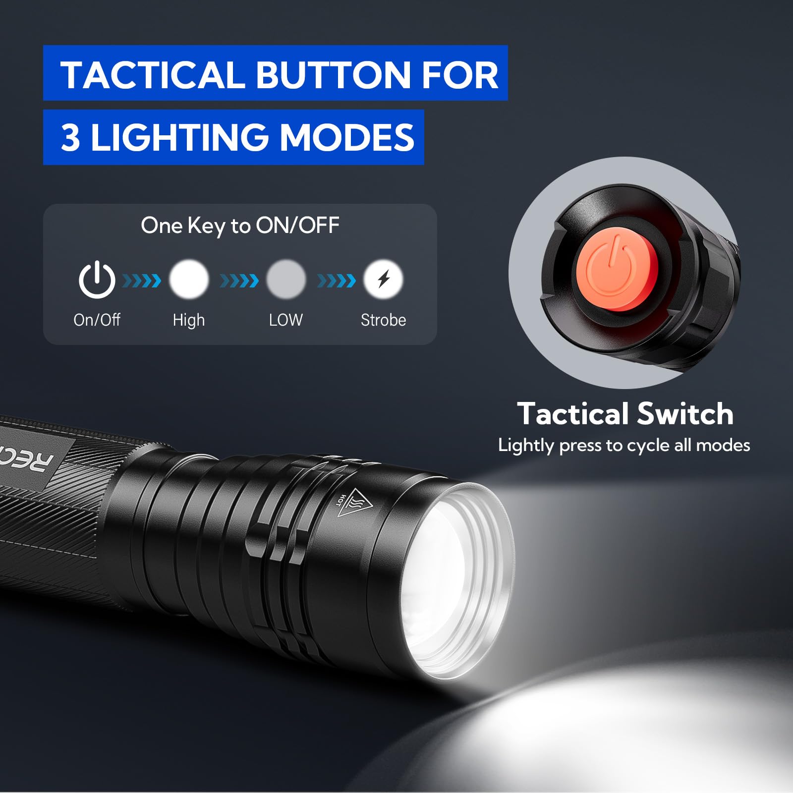 Rechoo S2000 Led Flashlight High Lumens, Super Bright, Powerful, Mid-Size Utility Flashlight With 3 Modes, Zoomable, Water Resistant Flashlights For Home, Emergencies, Camping, Outdoor Use