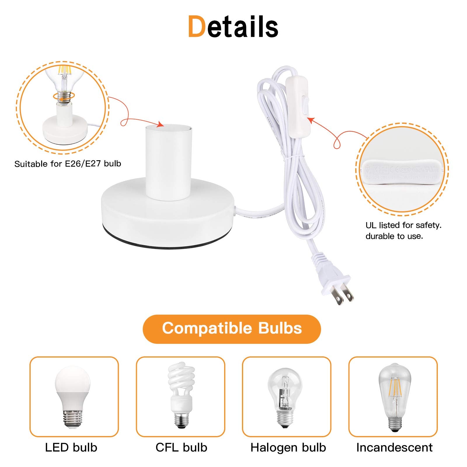 Helunsi Industrial Table Lamp Base - E26/E27 Edison Light Bulb Stand, Exposed Bulb, Simple Metal, 5.8Ft Cord Switch Plug, White