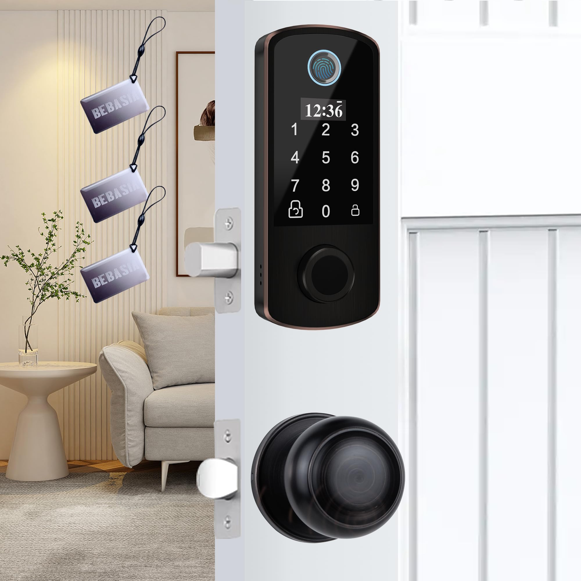 Bebasia Smart Door Lock, Biometric Fingerprint, 300+ Users, Oled Display & Voice Guide, Keyless Entry, Front Door Lock Set, Electronic Keypad Deadbolt, Aged Bronze