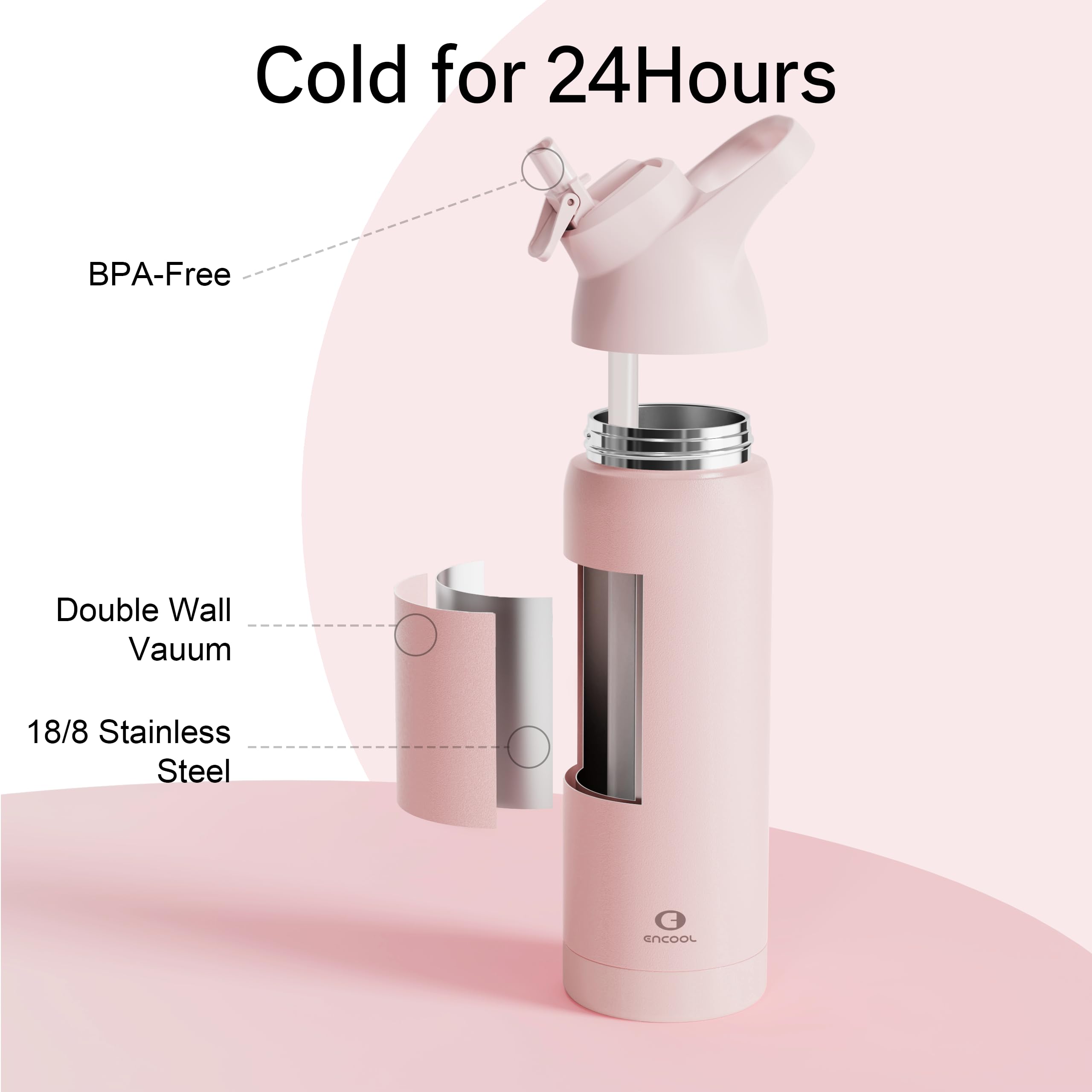 Insulated Water Bottle With Straw - Encool Stainless Steel Water Bottle, Reusable Leakproof