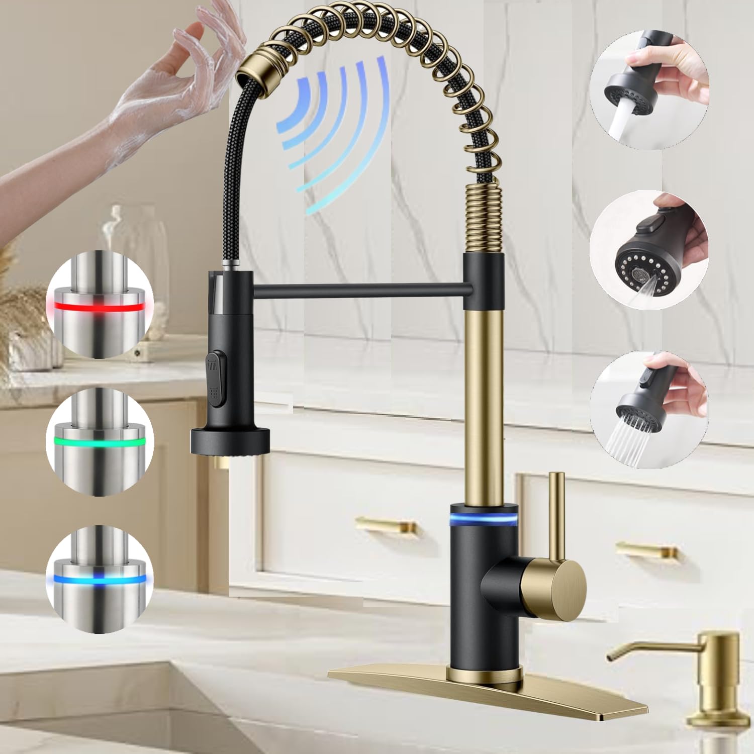 Videc Smart Kitchen Faucet, 3 Modes Pull Down Sprayer, Touch On Sensor Activated, Led Temperature Control, 360-Degree Rotation, 1 Or 3 Hole Deck Plate. 5-Year . (Kw-66Gr, Brushed Gold/Black)