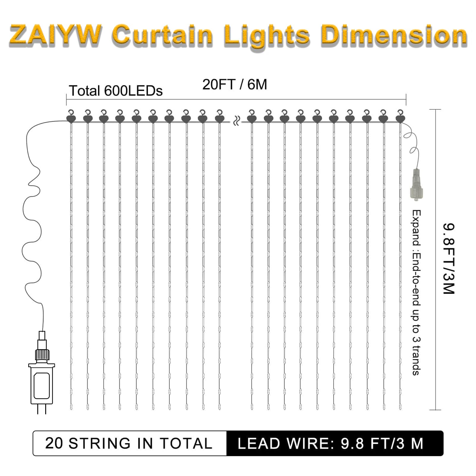 Zaiyw Curtain Lights 600 Led 20Ftx10Ft, Dual Color Changing Curtain Fairy Light Connectable With Timer Remote Waterproof For Bedroom Wedding Party Garden Outdoor Decor (Warm White & Multicolor)