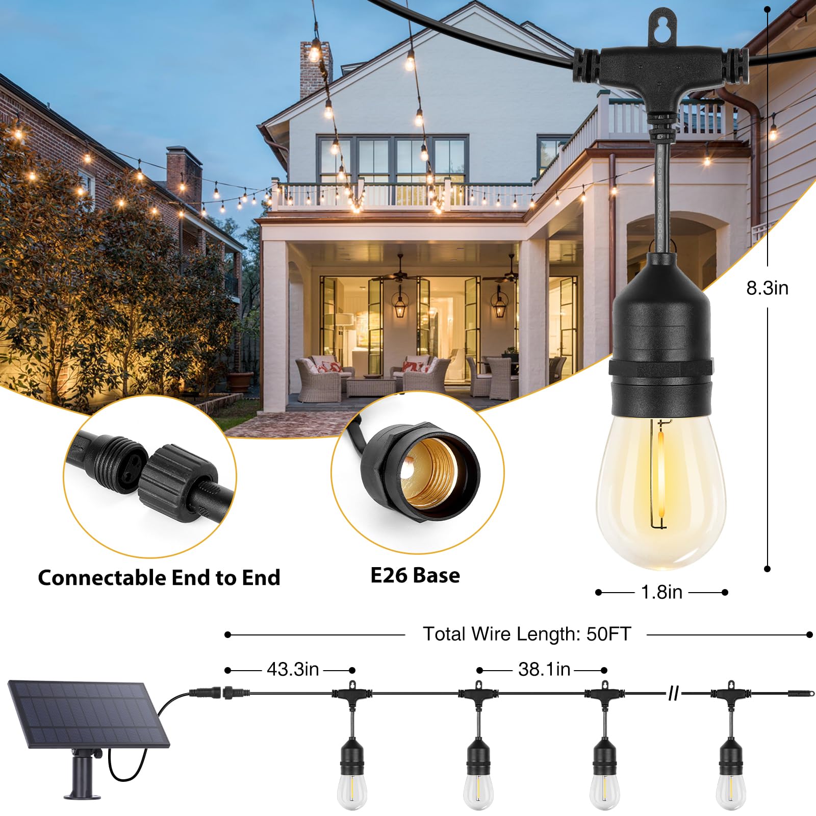 Zjojo 50Ft Solar String Lights - Outdoor Waterproof With 16 Plastic Shatterproof Bulbs, Ip65 Grade Led Patio Lights With Solar Power & Usb Port