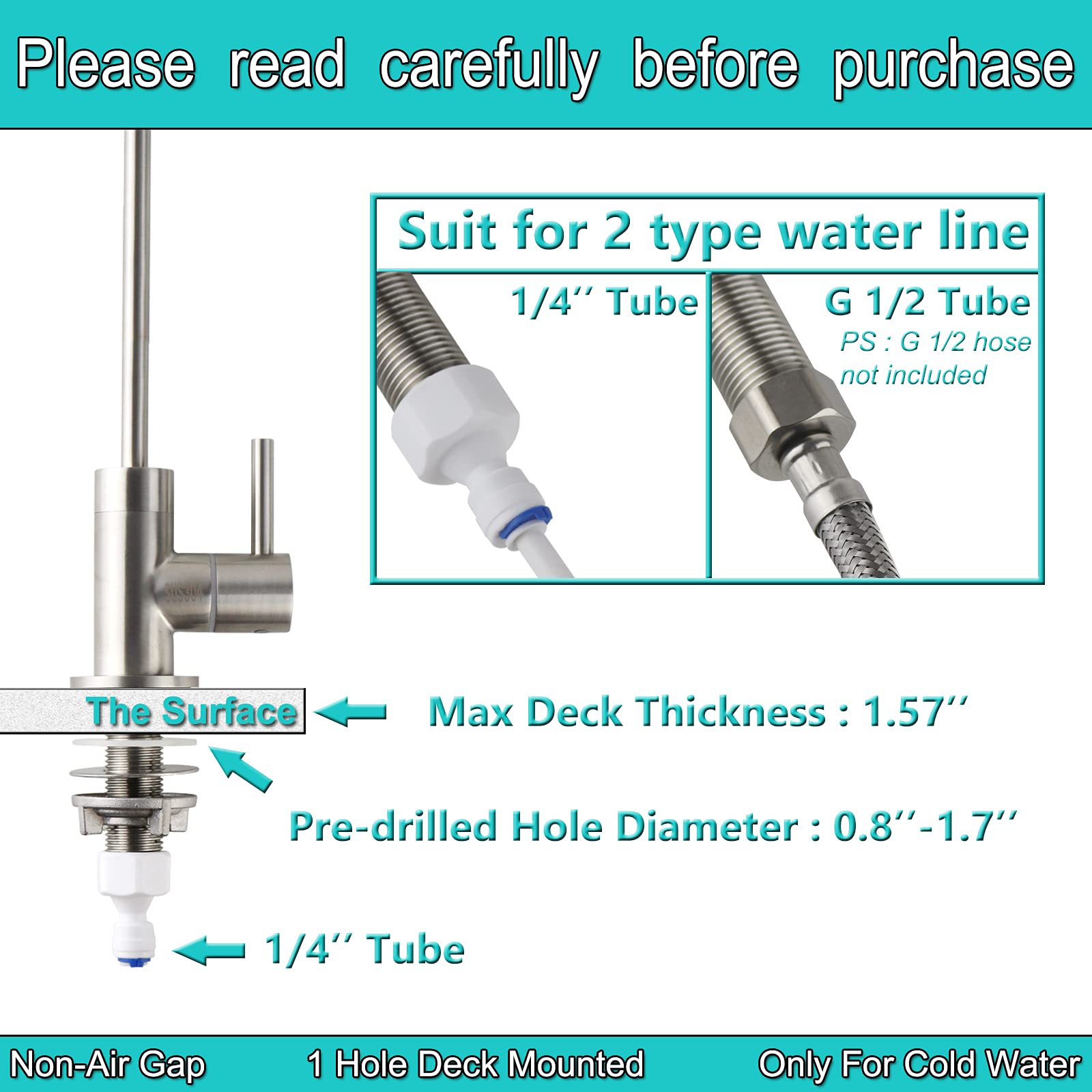 Yoogyy Ro Drinking Water Sus304 Stainless Steel Faucet For Ro Reverse Osmosis & Filter With Brushed Nickel Finish (High Arc)
