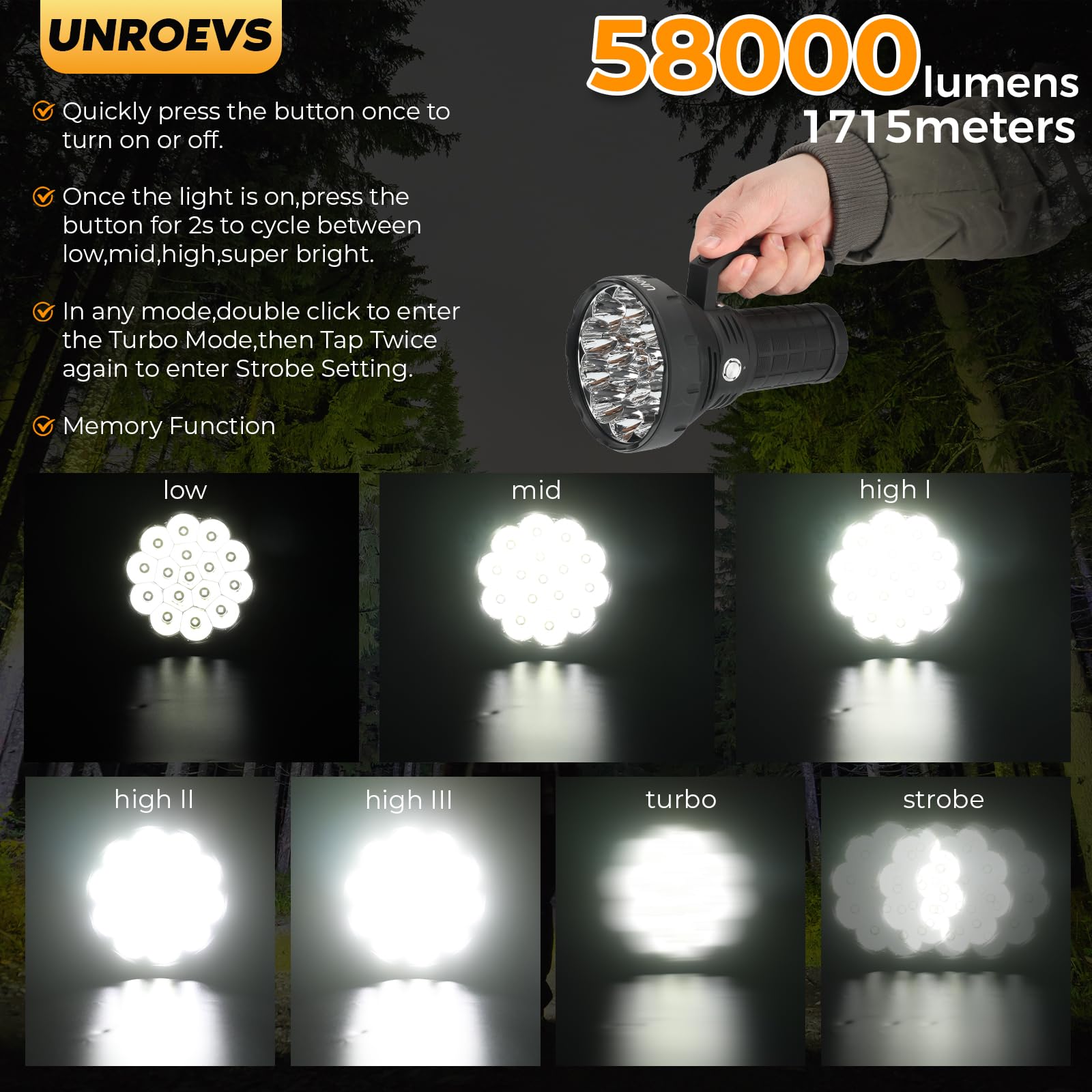 Unroevs W322 Brightest Flashlight 58000 Lumens,Super Bright Flashlight With 16 Pcs Cree Xhp50.3 Leds,High Powered Flash Light Long Beam 1715 Meters,Most Powerful Light For Caving,Search,Rescue And Hunting.