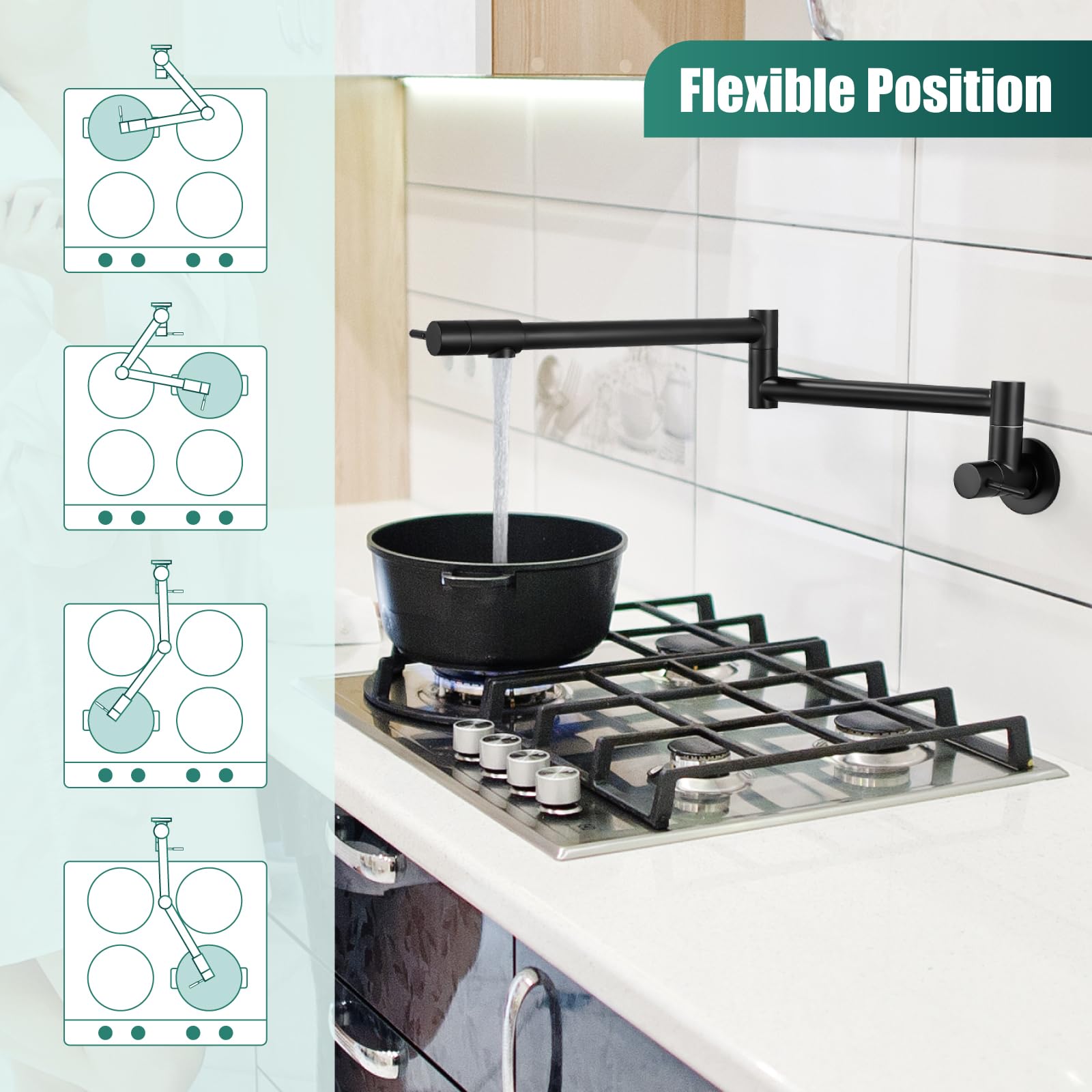 Heyalan Pot Filler Faucet Wall Mount Folding Kitchen Faucet With Double Joint Swing Arm Single Hole 2 Handles Commercial Npt Stainless Steel Separated Male Thread,24 Inch,Matte Black