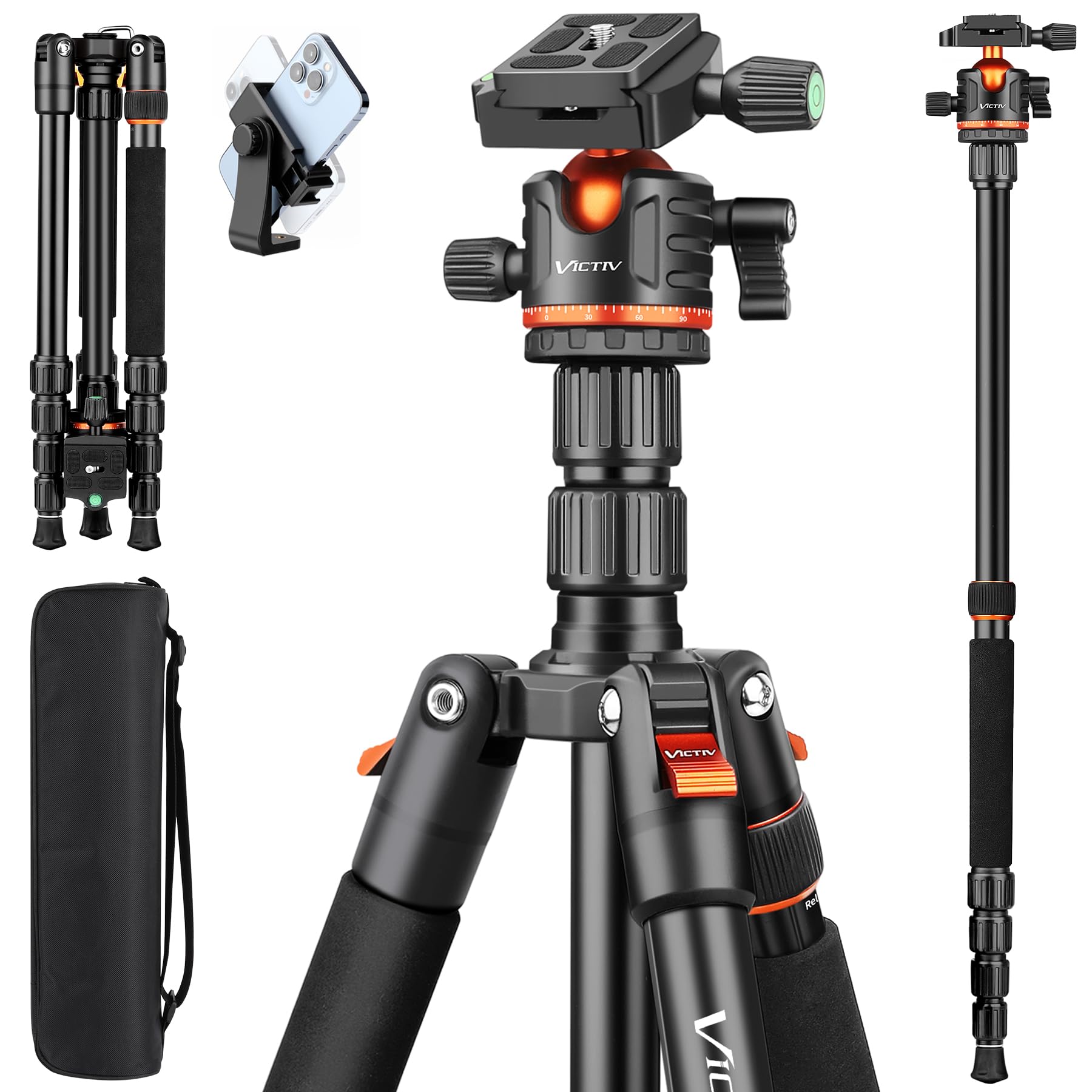 Victiv 76 Inch Camera Tripod Stand With 360° Panorama Ball Head, Universal Phone Holder, Portable Bag, Entry-Level Lightweight Travel Compact Tripod, Compatible With Canon Sony Cameras Dslr Gopros