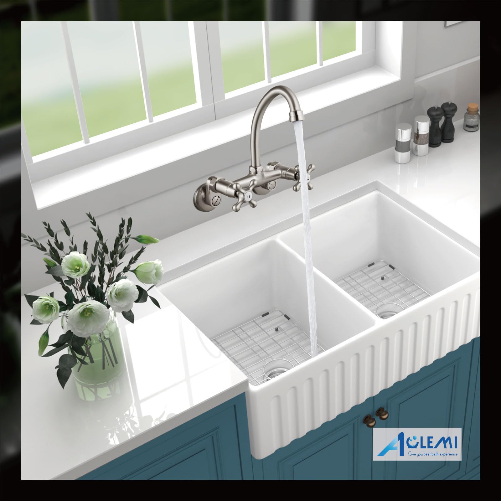 Aolemi Wall Mount Kitchen Faucet 6 Inch Center With Swivel Spout Adjustable Spread 2 Cross Handle Basin Sink Mixer Tap, Brushed Nickel, H&C Label