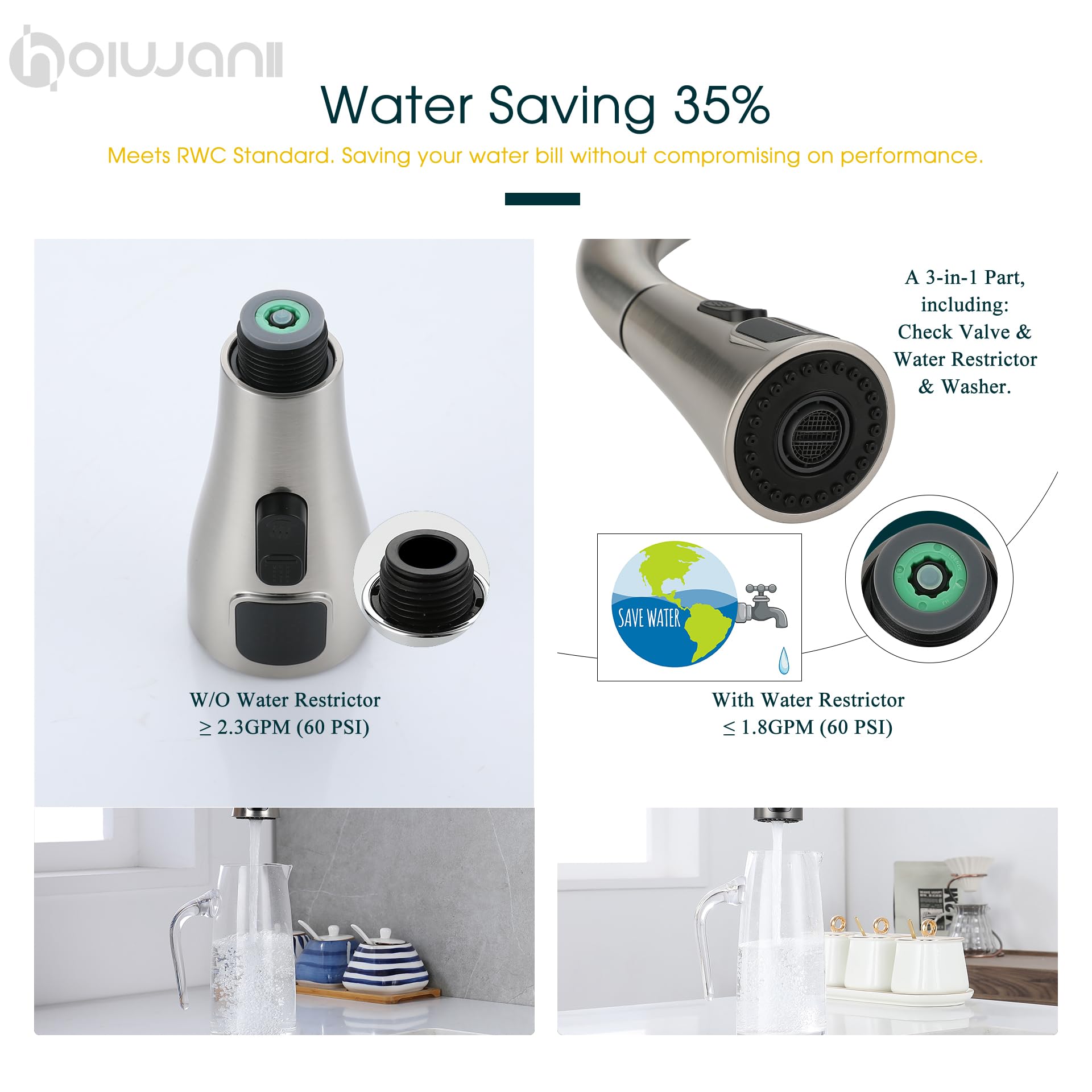 Hoiwanii Kitchen Faucet Head Replacement, Led Temperature Display Kitchen Spray Head, Pull Down Pull Out Faucet Sprayer Nozzle,Brushed Nickel