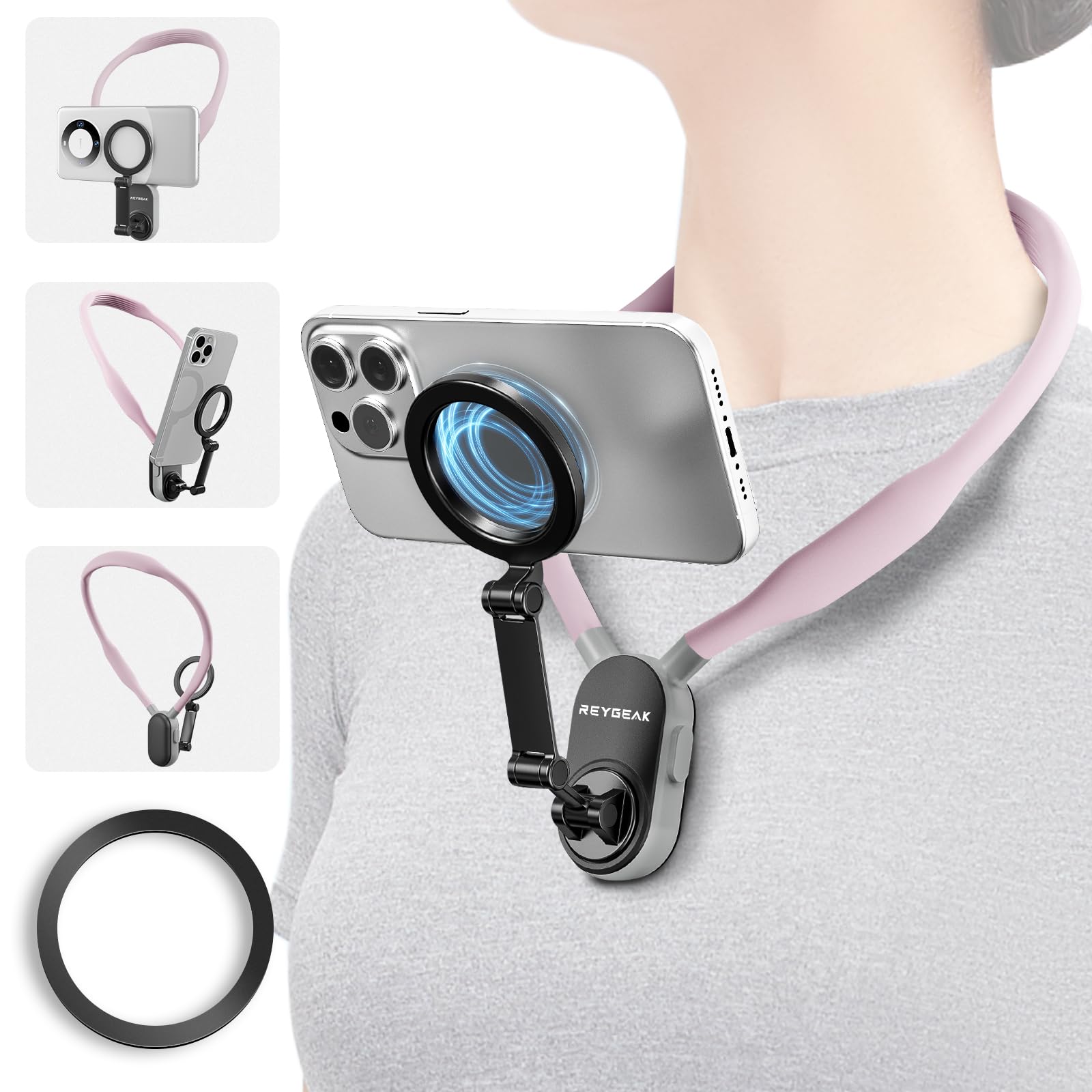 Reygeak Sakura Magnetic Phone Neck Holder - Pov/Vlog Selfie Mount - Hand Cell Phone Mount Chest Stand - Video Recording - Iphone 12-16 Pro Max Plus Min Via Sakura Pink