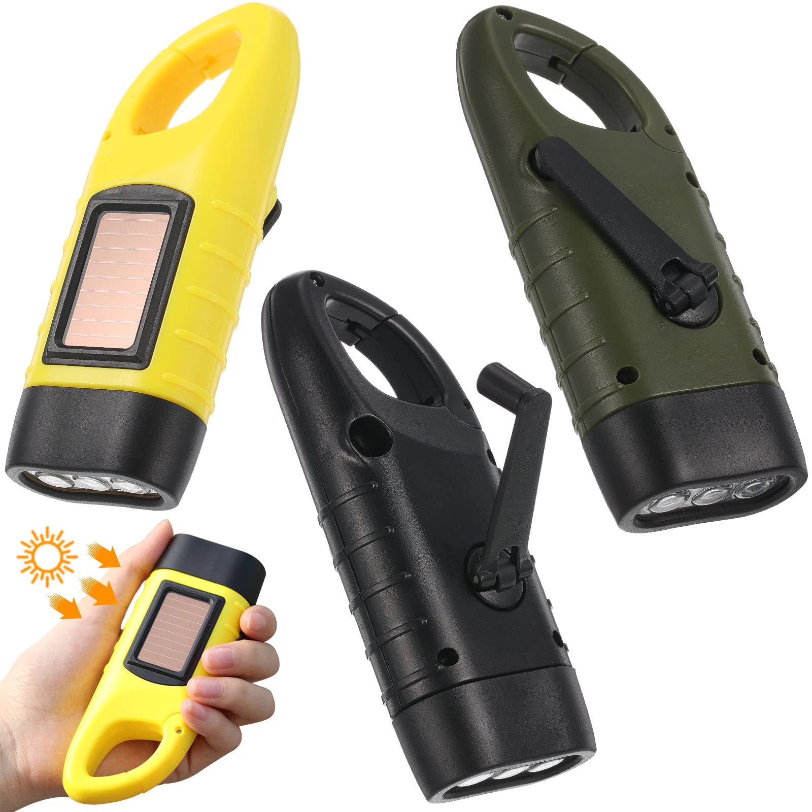 Mudder 3 Packs Hand Crank Solar Powered Flashlight Emergency Rechargeable Led Flashlight Survival Gear Self Powered Charging Torch Manual Dynamo For Fishing Hiking Backpack Camping Home Safety