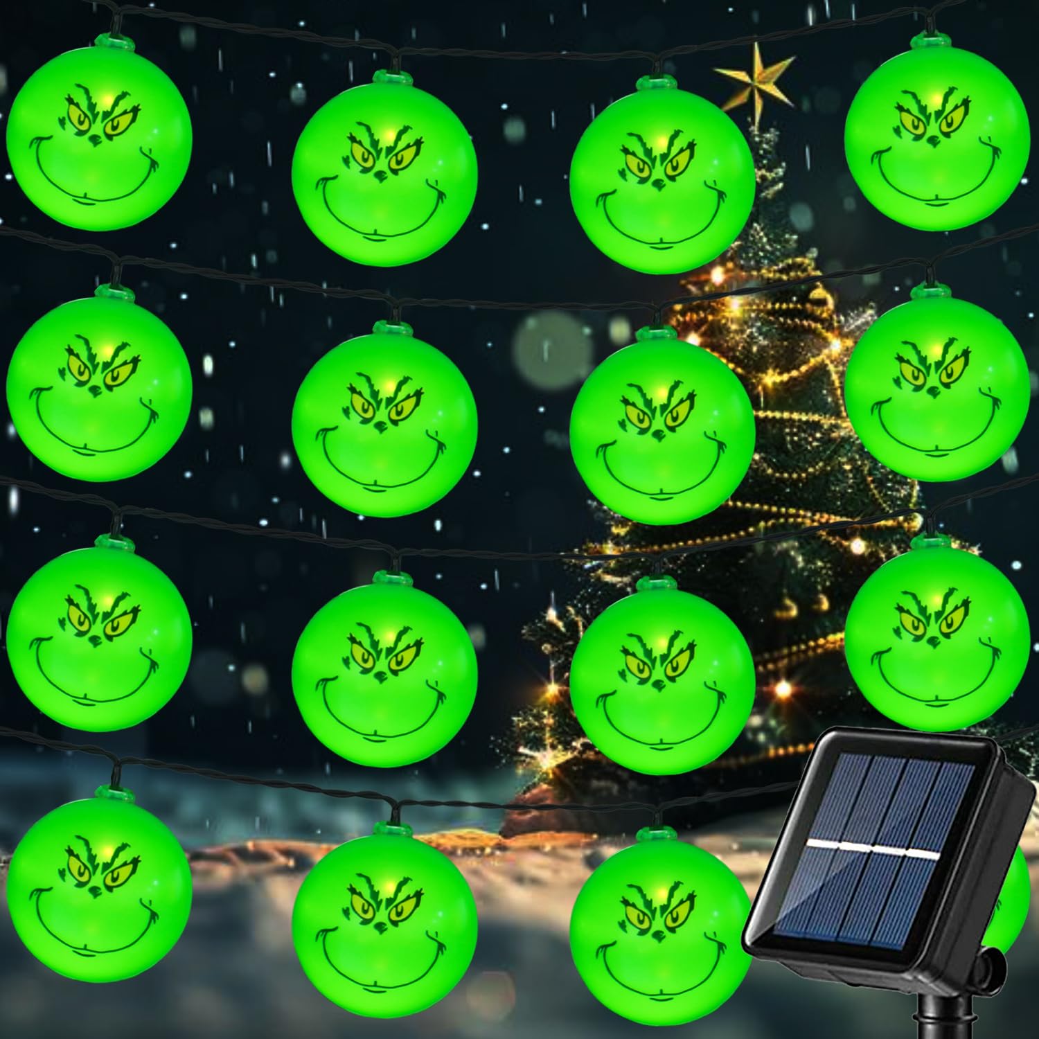 Lushangshou Grinch-themed solar Christmas string lights with 20 LED bulbs
