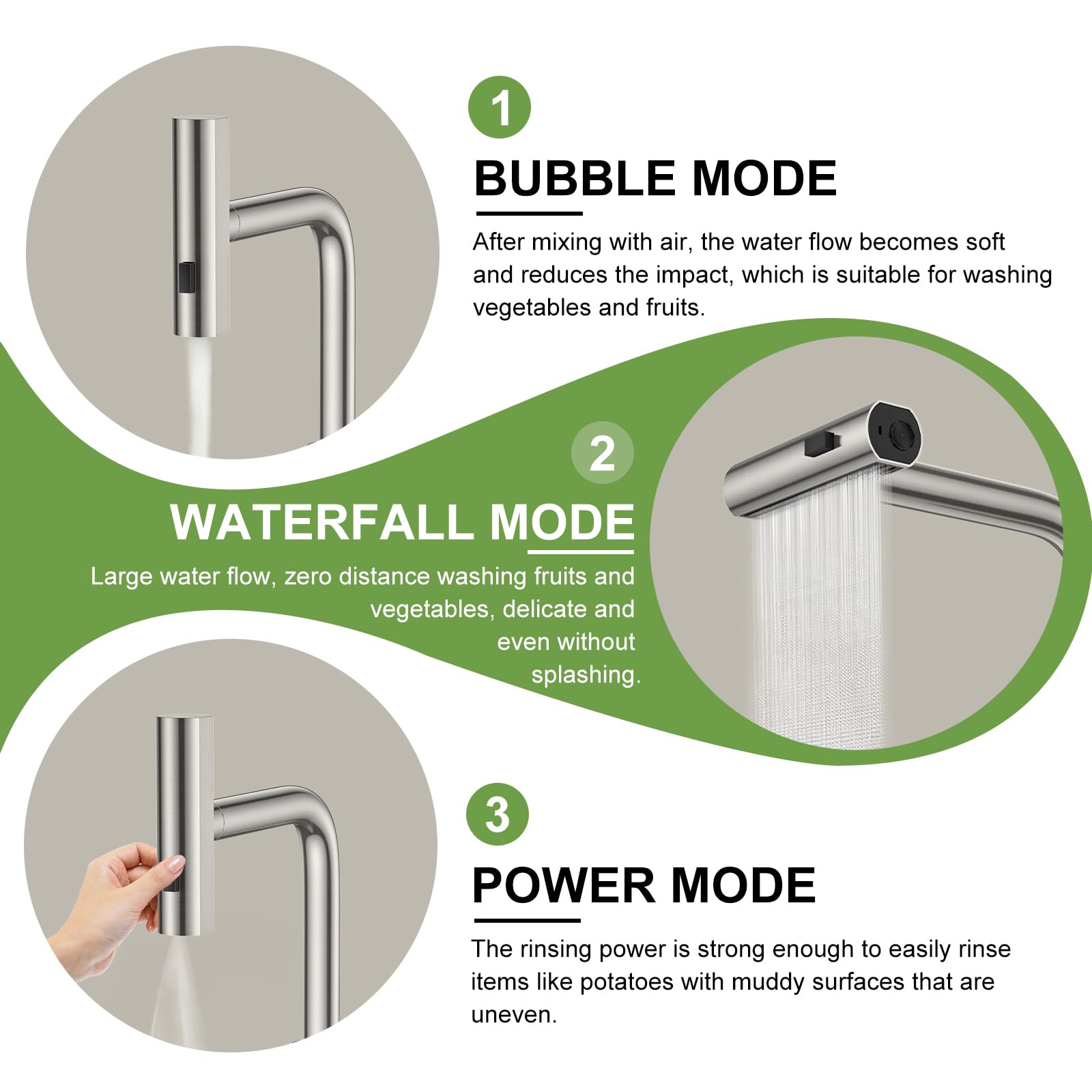 Pzto Rustproofing Stainless Steel Nickel Pull Down Kitchen Sink Faucet Waterfall 24” Cleaning Distance 360° Swivel 3 Cleaning Modes Switching Bubbles Powerful Kitchen Faucet