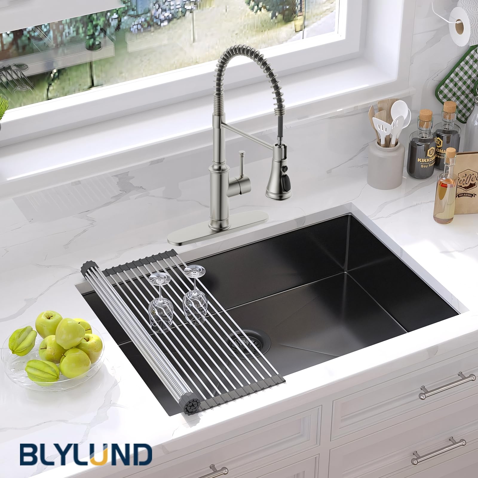Blylund Commercial Kitchen Faucet With Pull Down Sprayer, One Hole Single Handle High Arc Pull Out Farmhouse Sink Faucets,Brushed Nickel