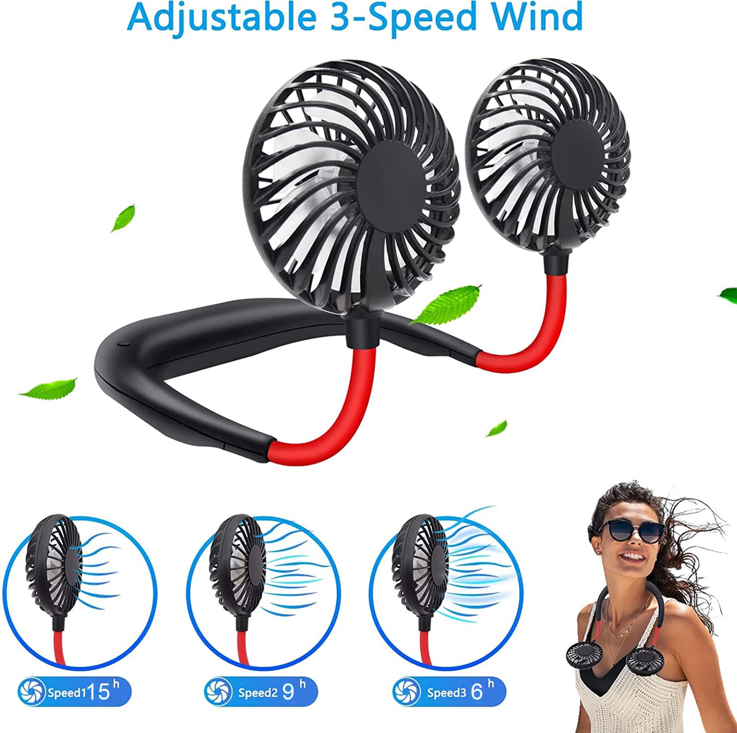 Portable Neck Fan Rechargeable Usb Hands-Free Fan Personal 360° Double Headed Free Rotation 3 Speed