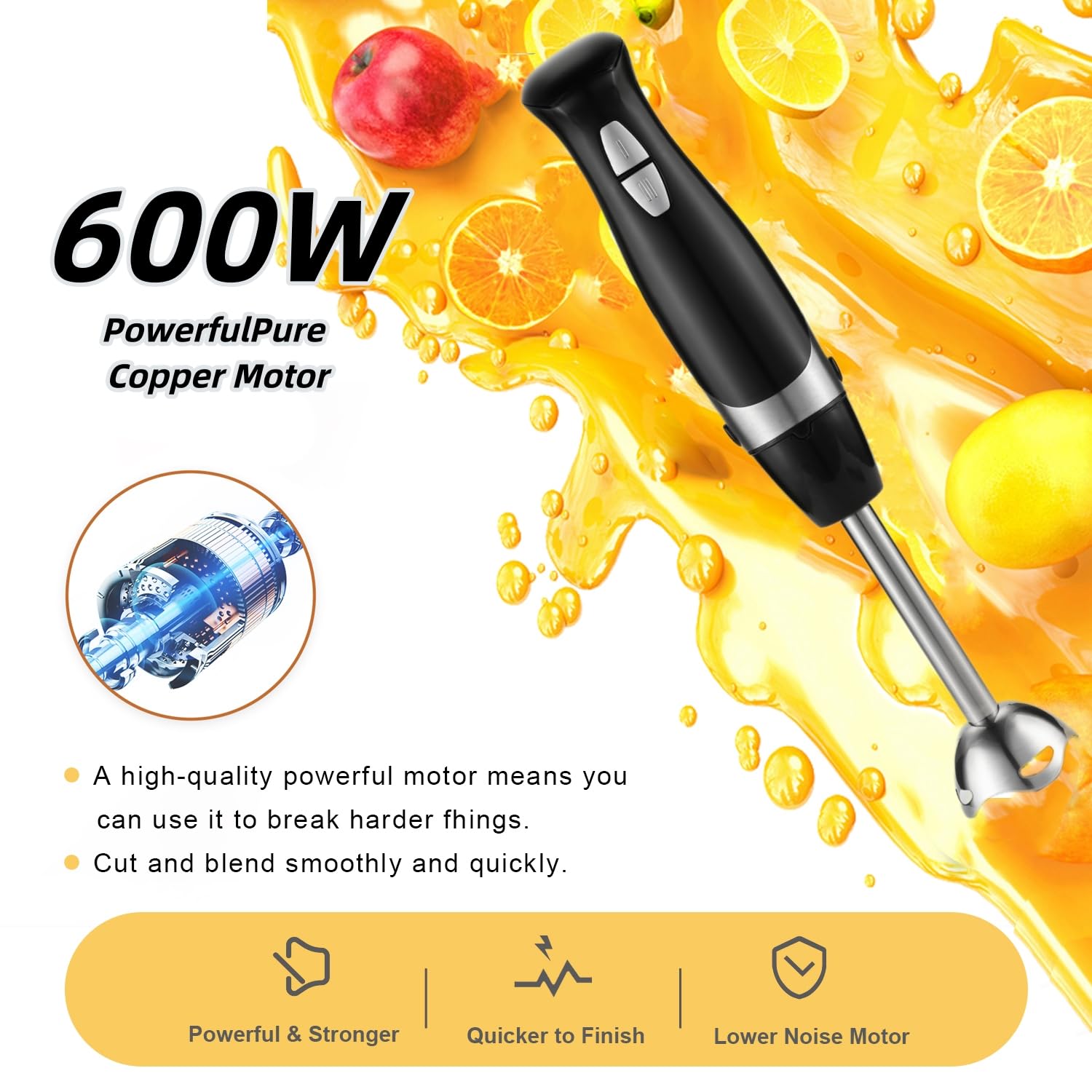 Yavxzvbw Immersion Hand Blender, 600W Portable Stick Blender With Chopper, Variable Speed Hand Blender Cordless For Beaker, Baby Food, Smoothies, Egg Beater